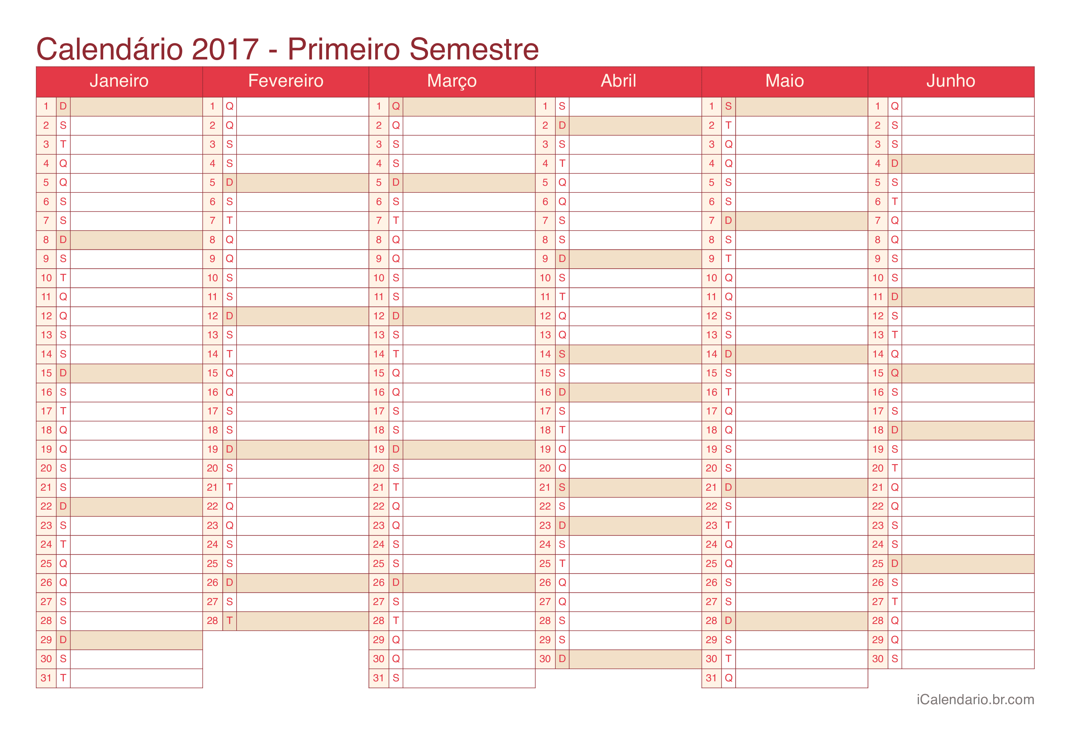 Calendário por semestre 2017 - Cherry