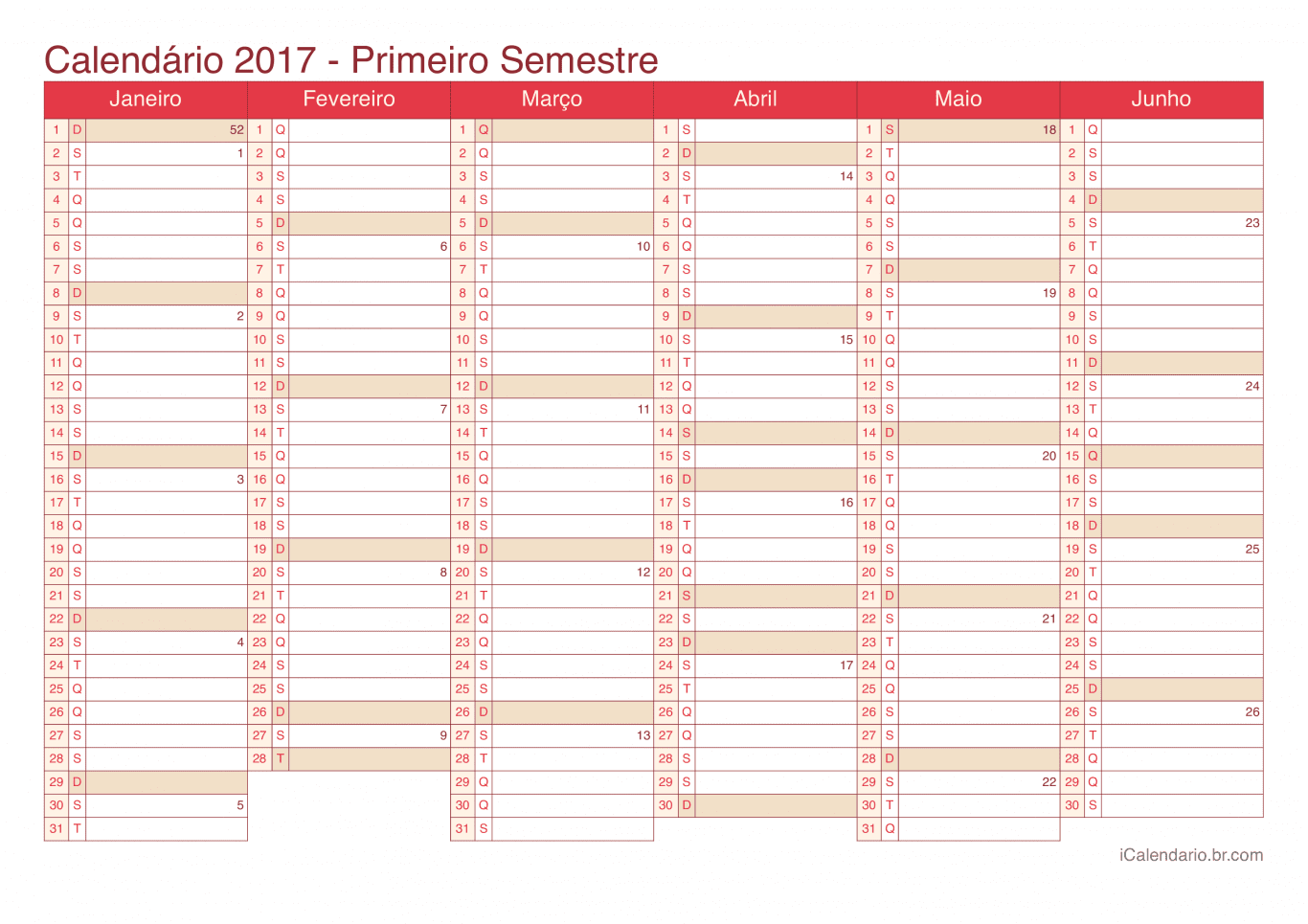 Calendário por semestre com números da semana 2017 - Cherry