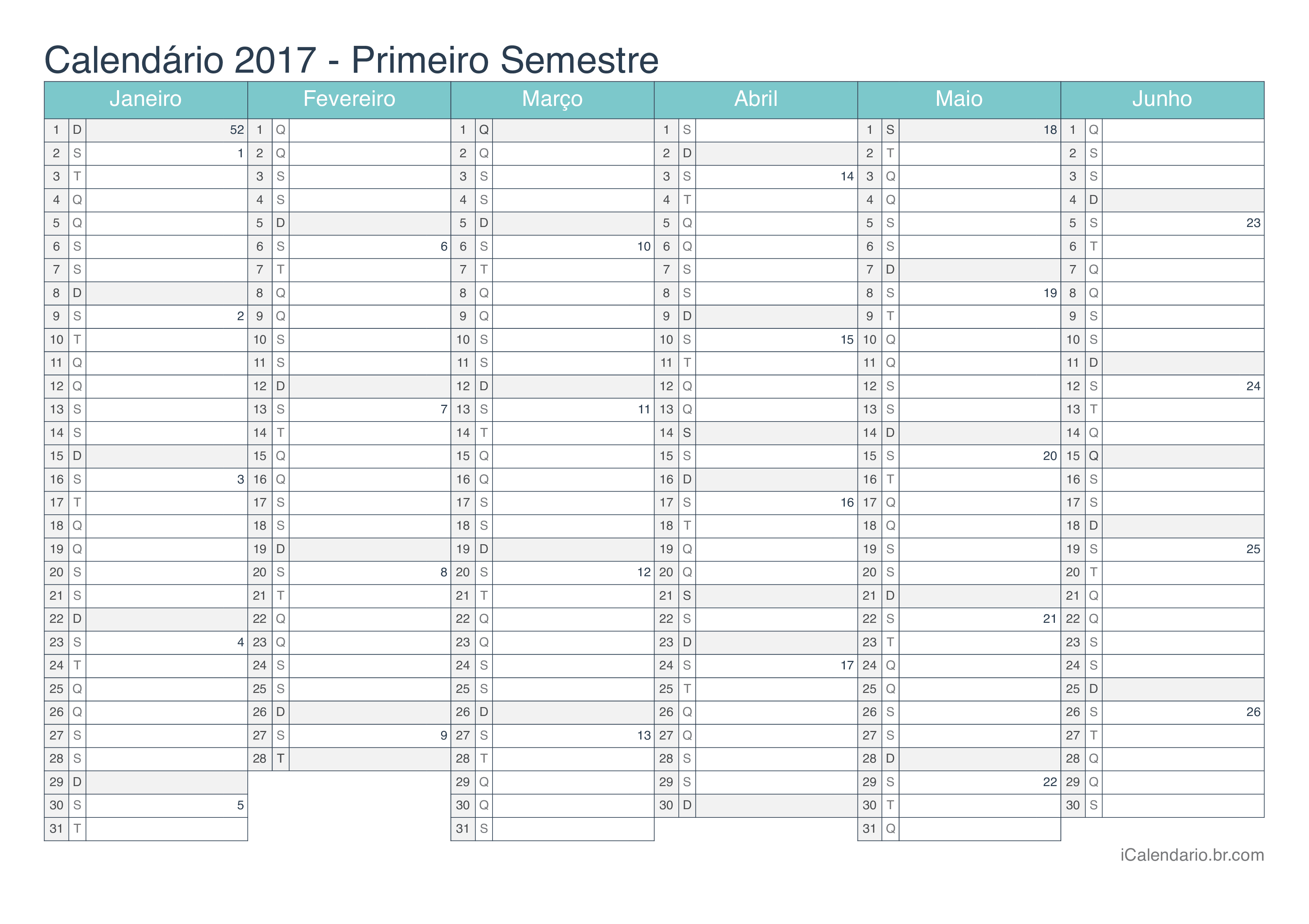 Calendário por semestre com números da semana 2017 - Turquesa
