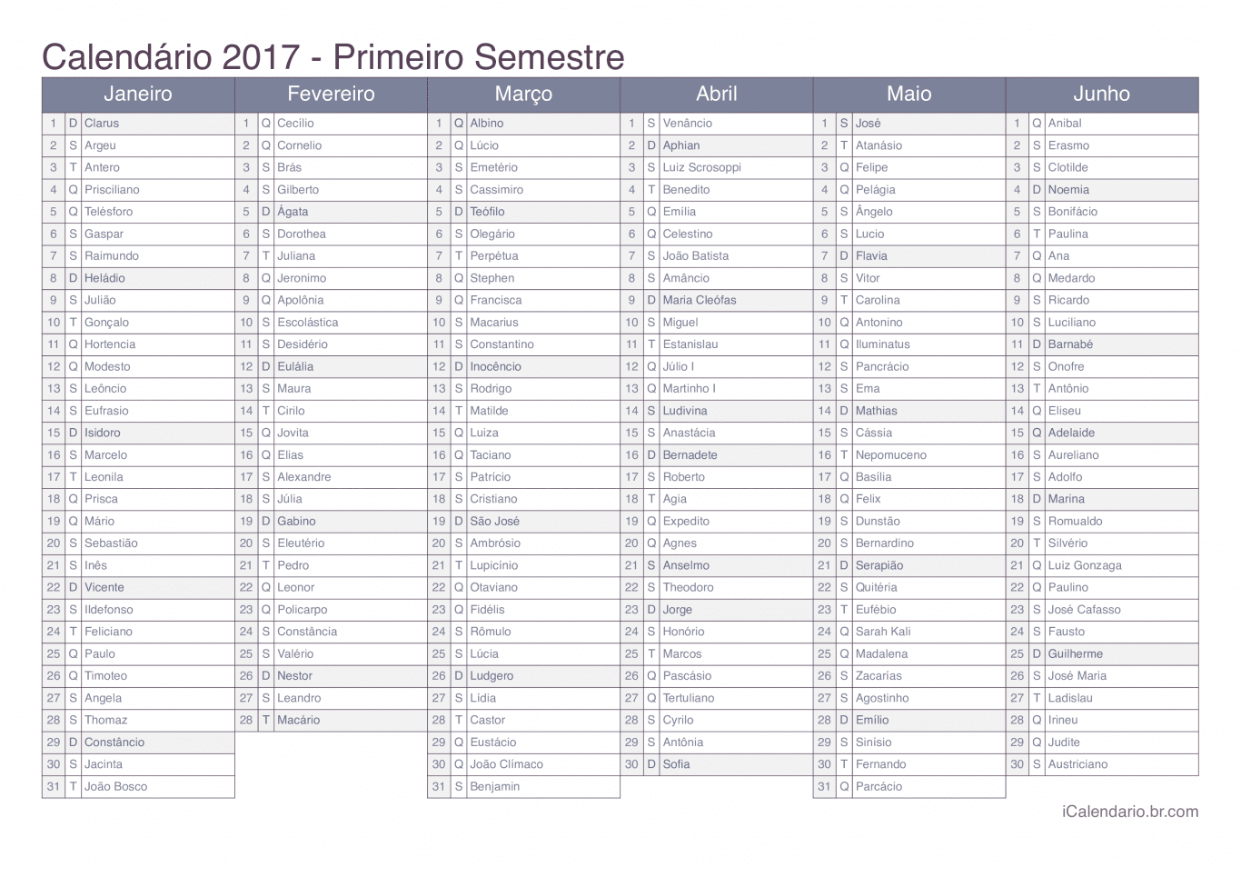 Calendário por semestre 2017 com festa do dia - Office