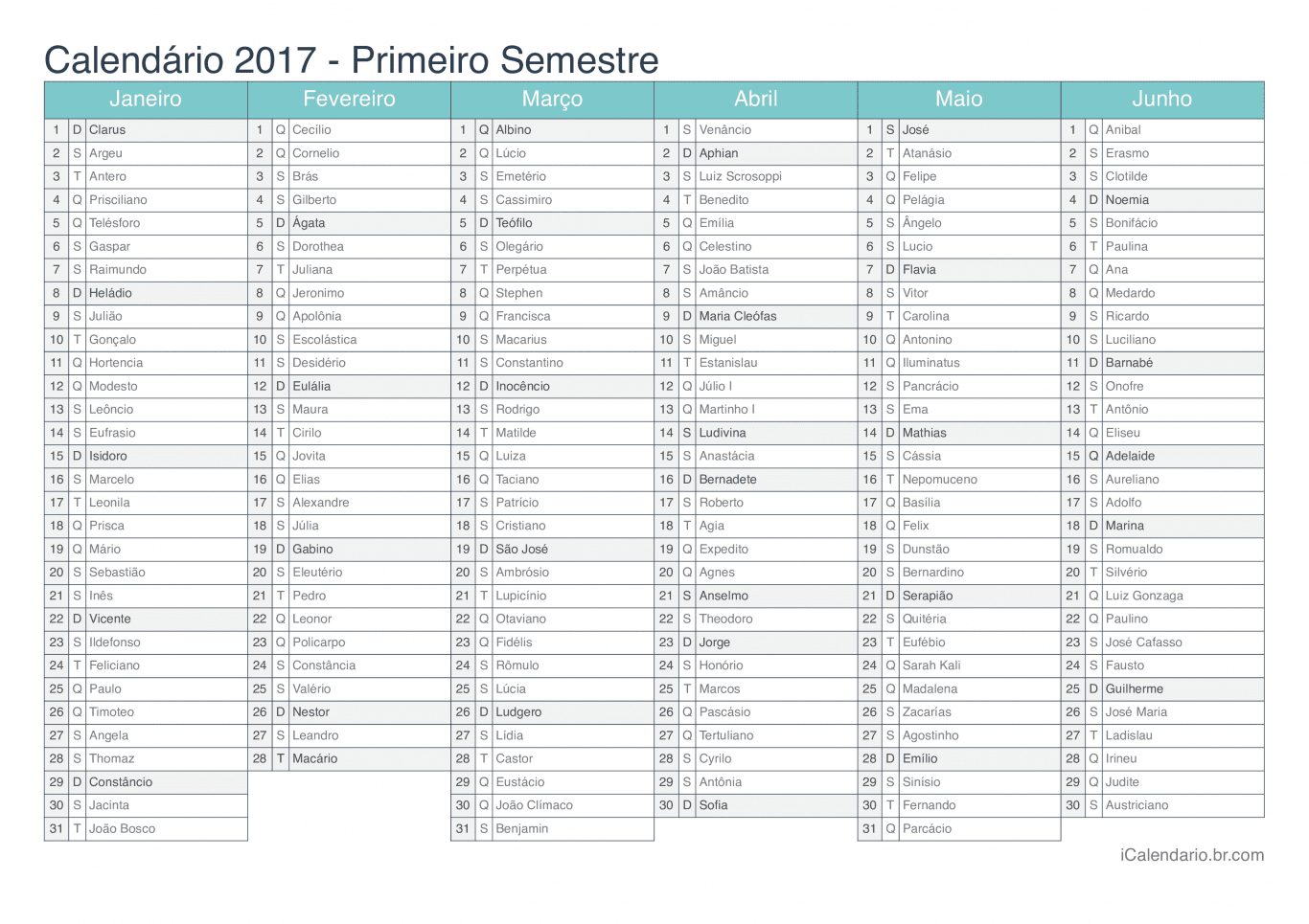 Calendário por semestre 2017 com festa do dia - Turquesa