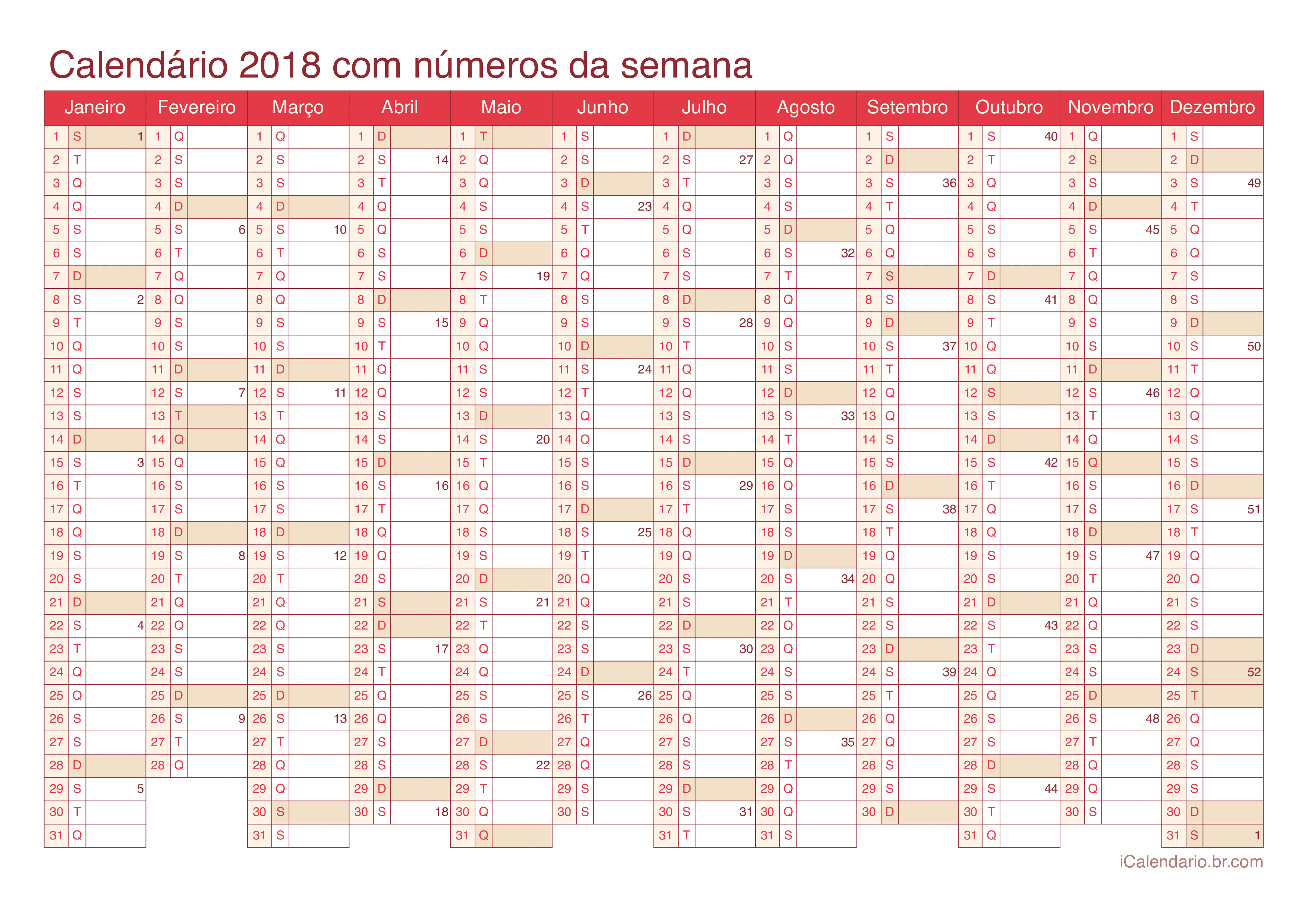 Calendário 2018 com números da semana - Cherry