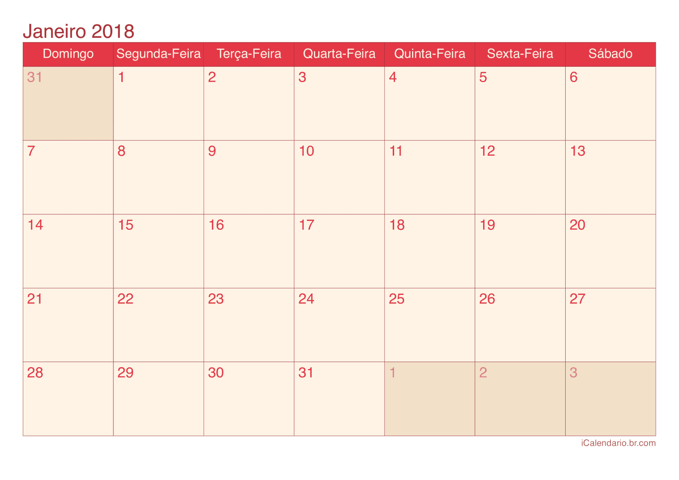 Calendário por mês 2018 - Cherry