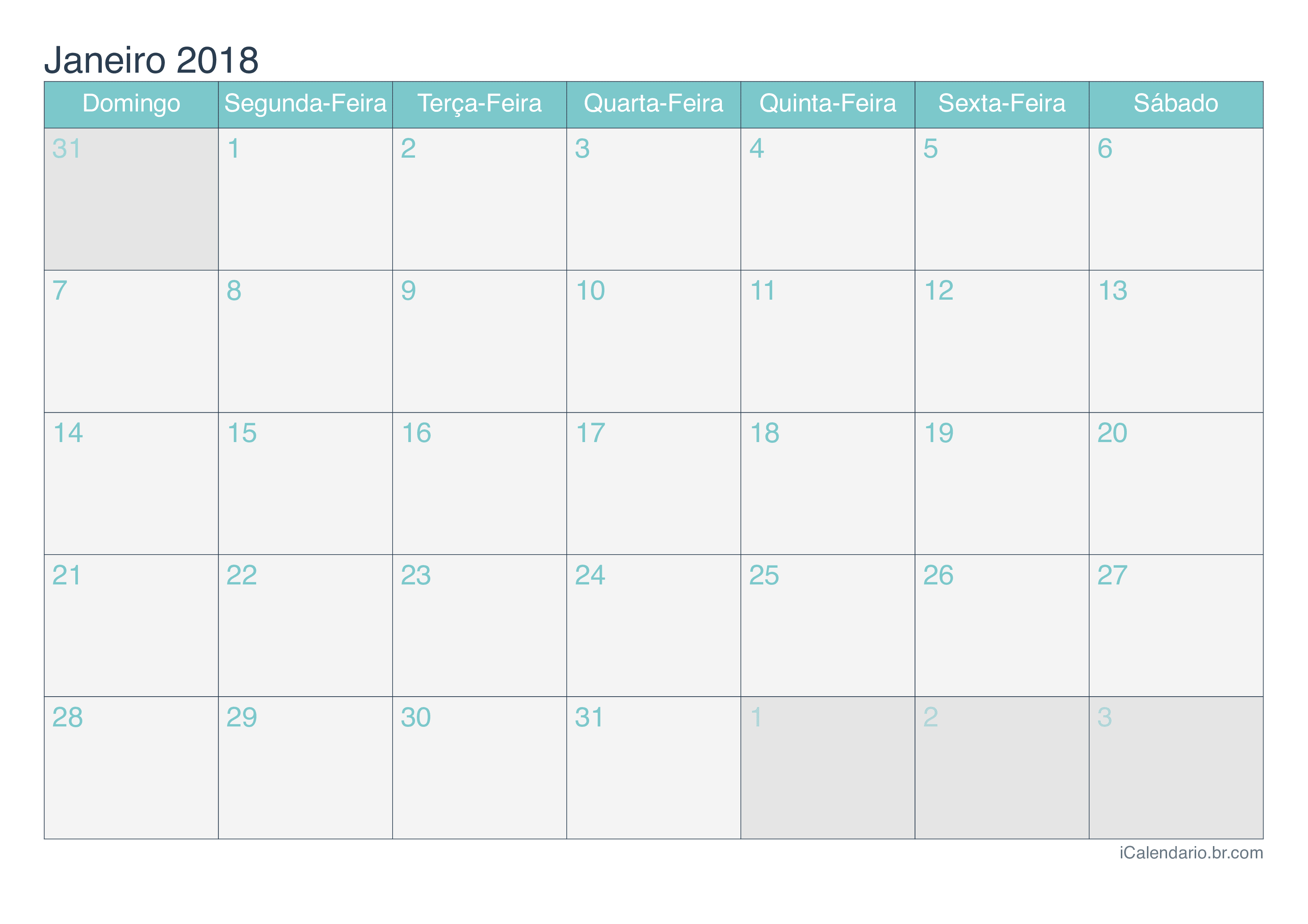 Calendário por mês 2018 - Turquesa
