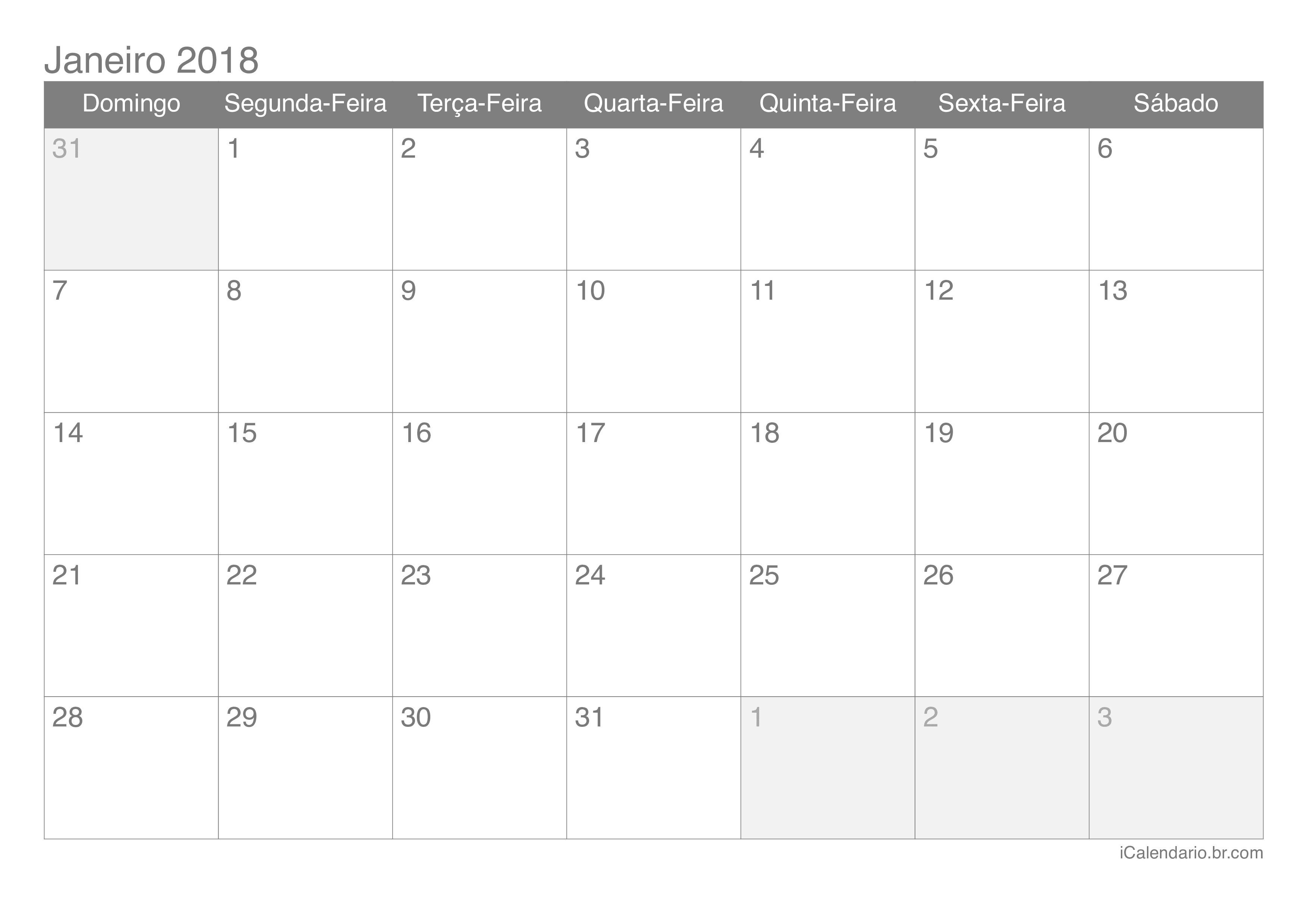 Calendário por mês 2018