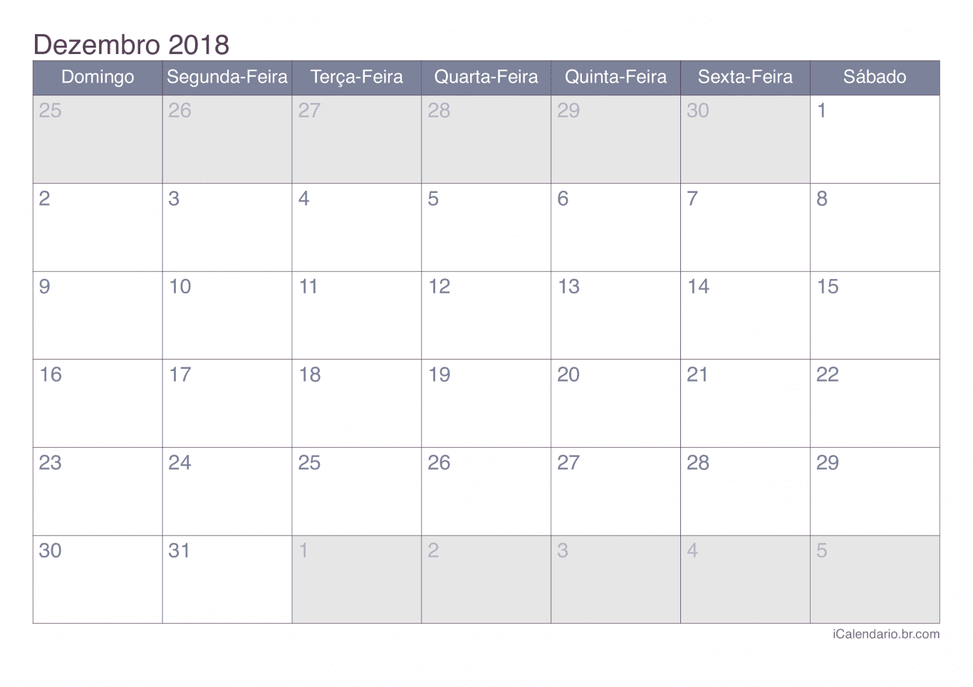 Calendário de dezembro 2018 - Office