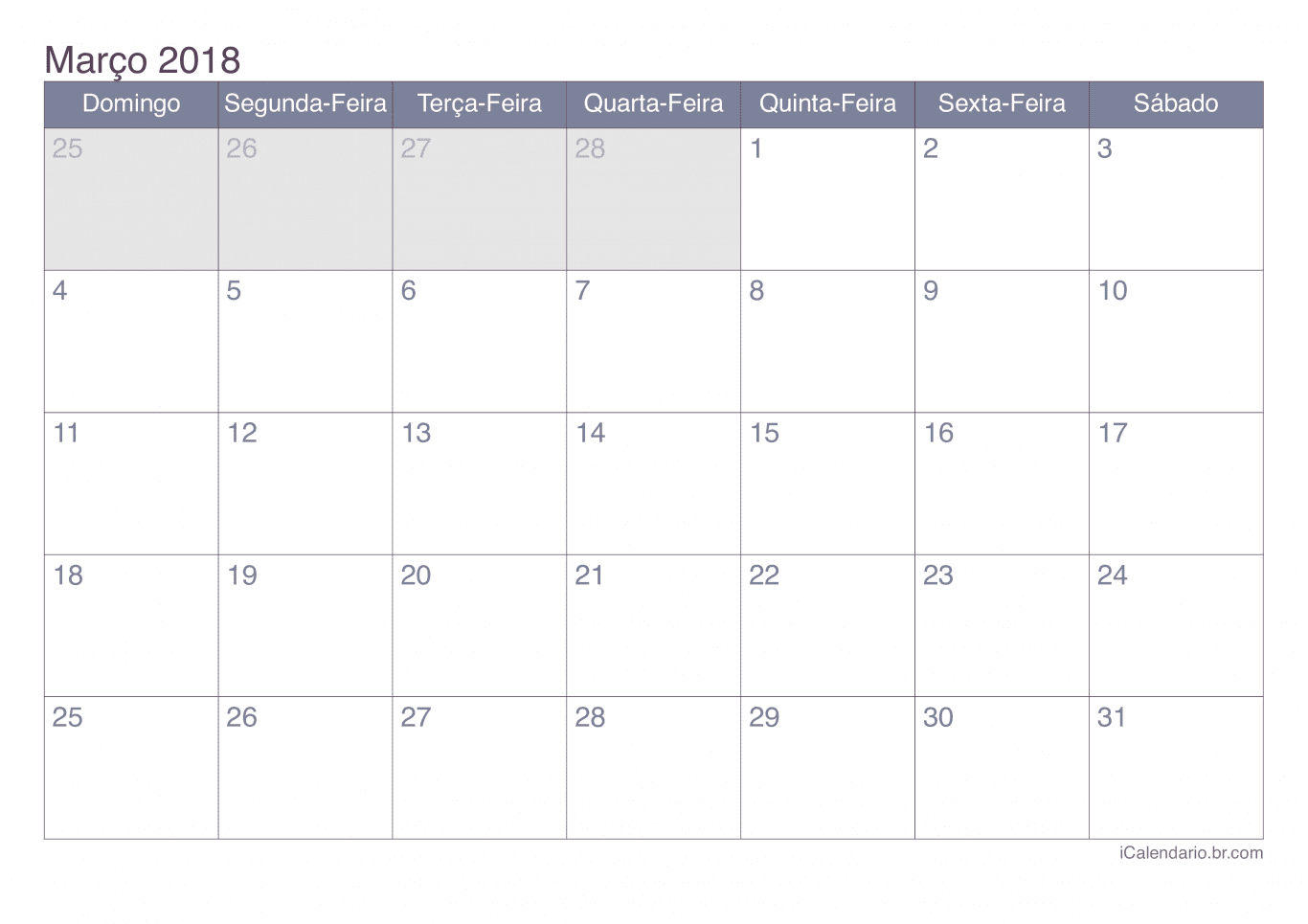 Calendário de março 2018 - Office