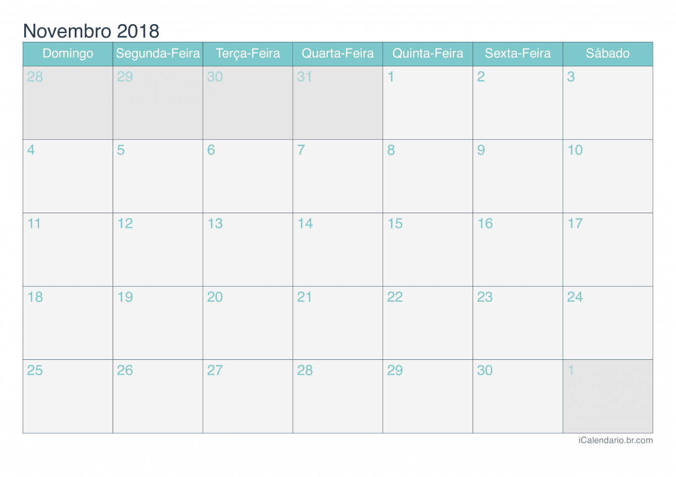 Calendário de novembro 2018 - Turquesa