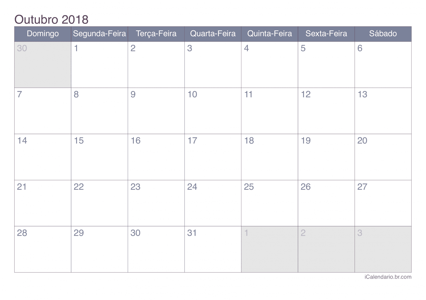 Calendário de outubro 2018 - Office