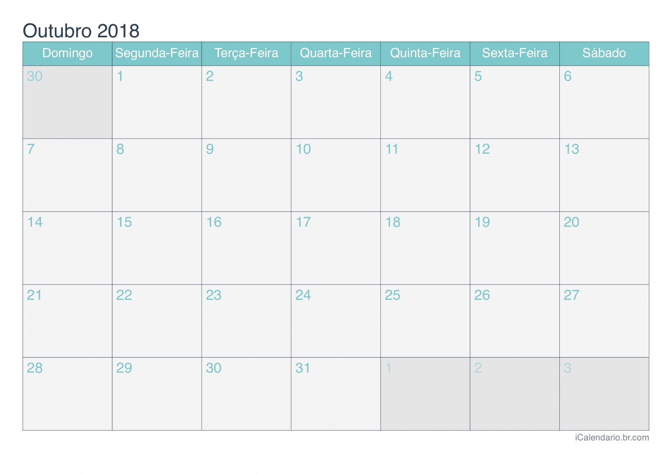 Calendário de outubro 2018 - Turquesa