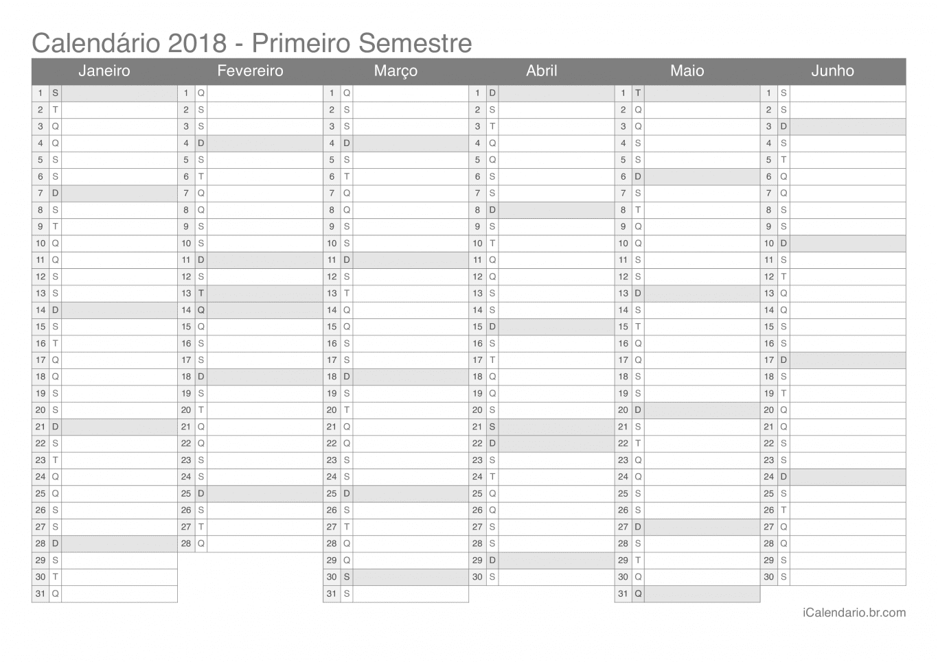 Calendário por semestre 2018