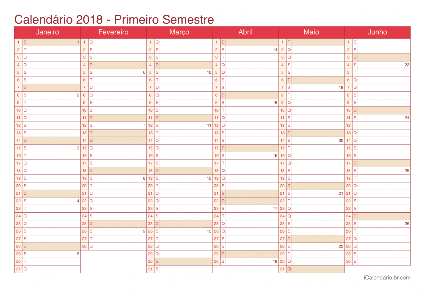 Calendário por semestre com números da semana 2018 - Cherry