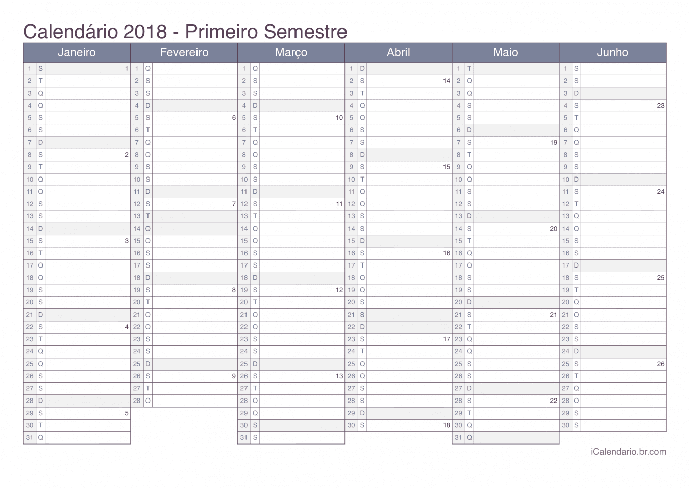 Calendário por semestre com números da semana 2018 - Office