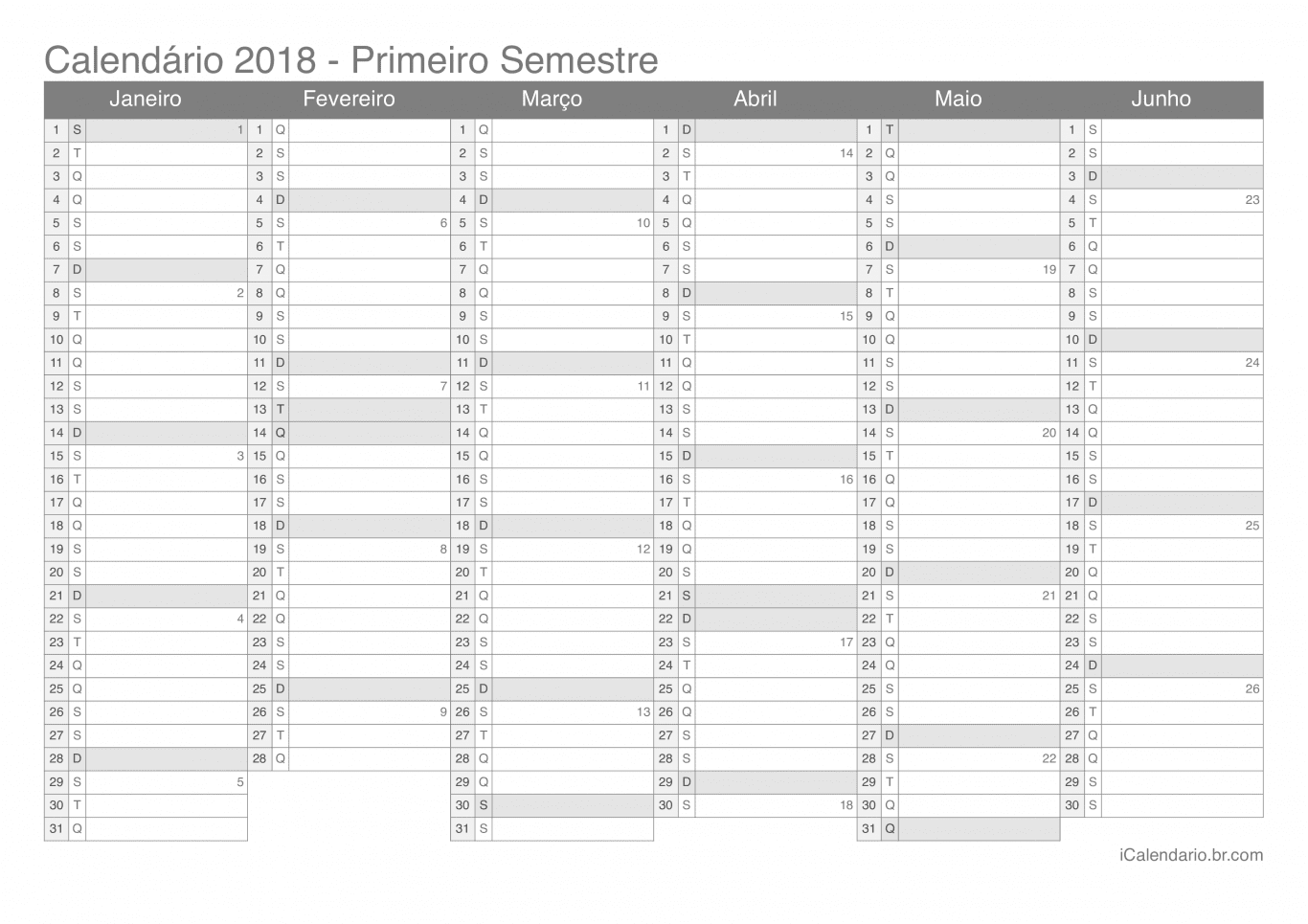 Calendário por semestre com números da semana 2018