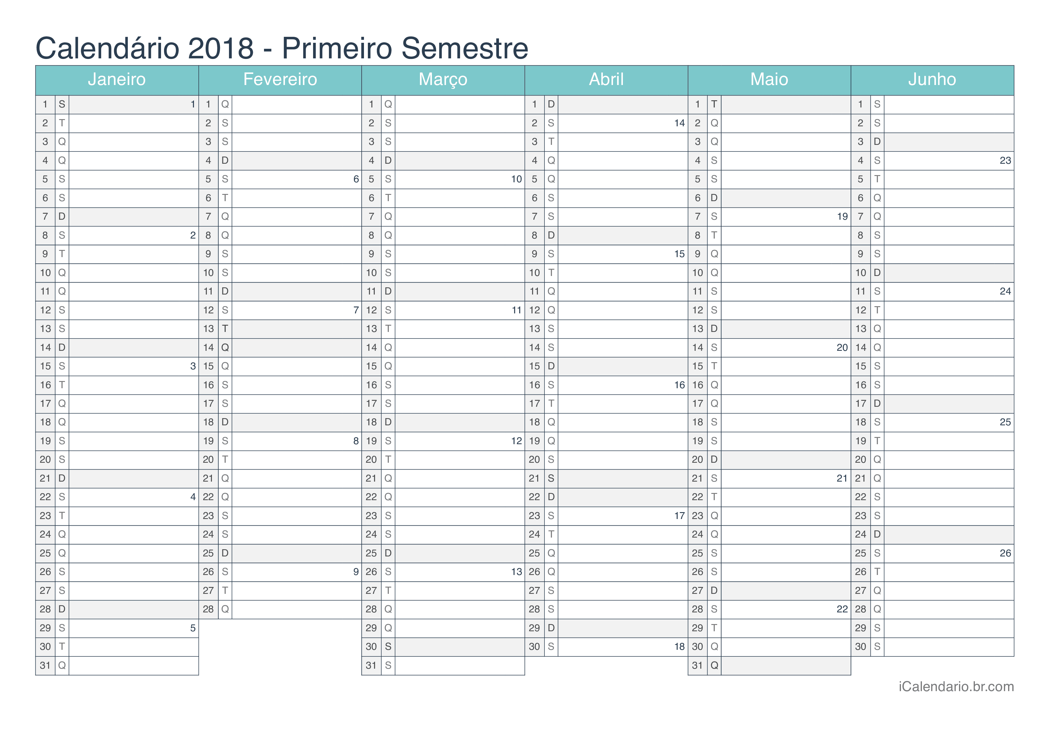 Calendário por semestre com números da semana 2018 - Turquesa