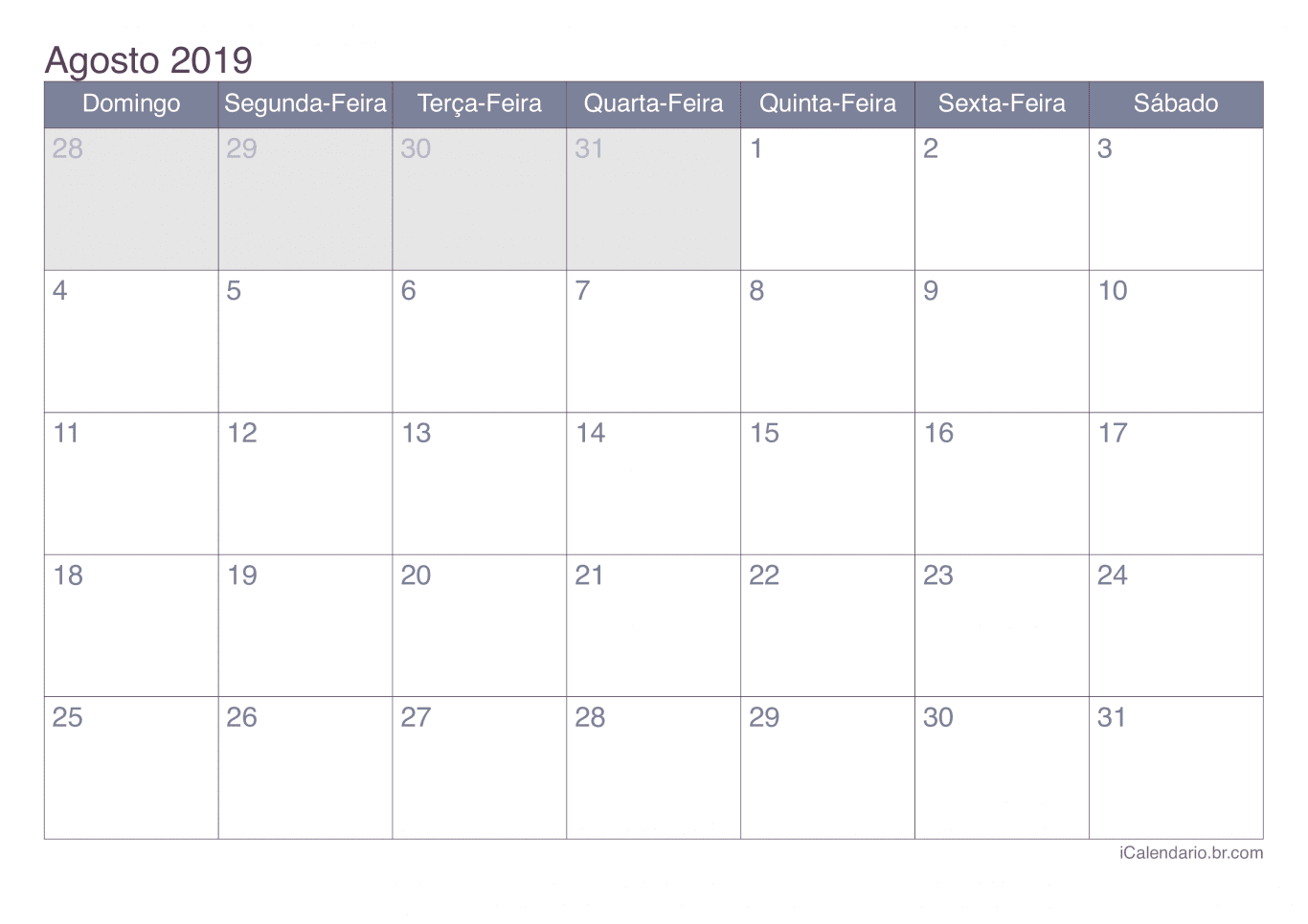 Calendário de agosto 2019 - Office