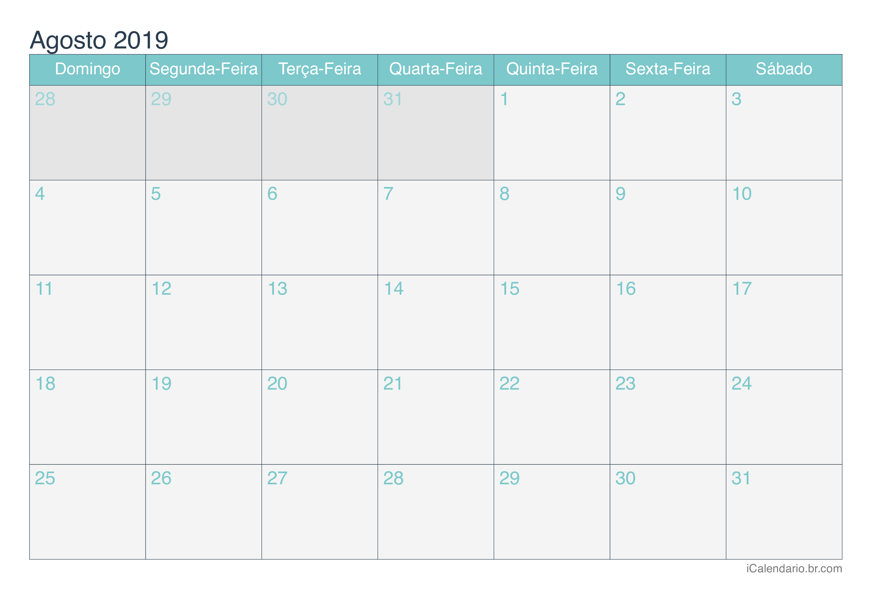 Calendário de agosto 2019 - Turquesa
