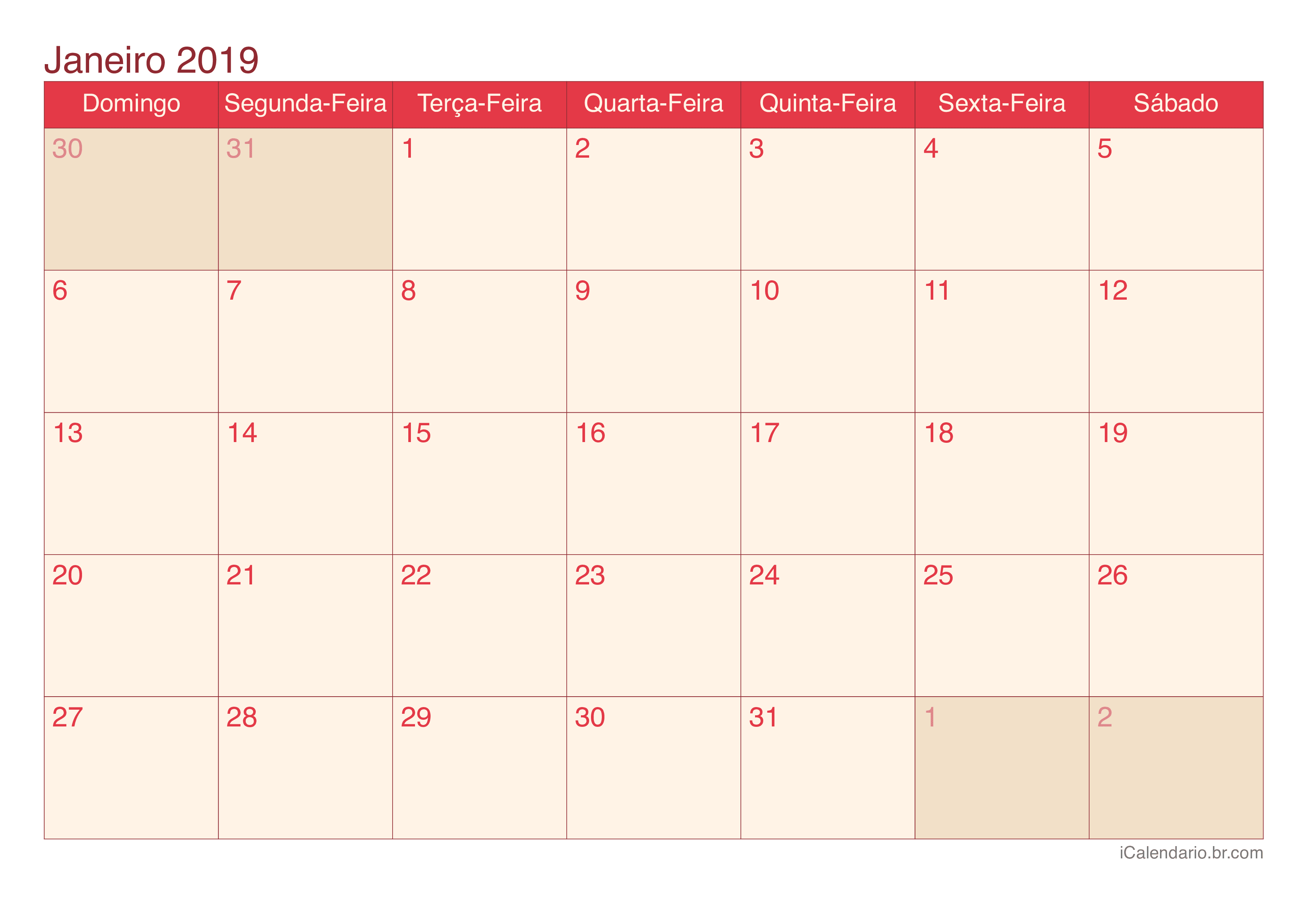 Calendário por mês 2019 - Cherry
