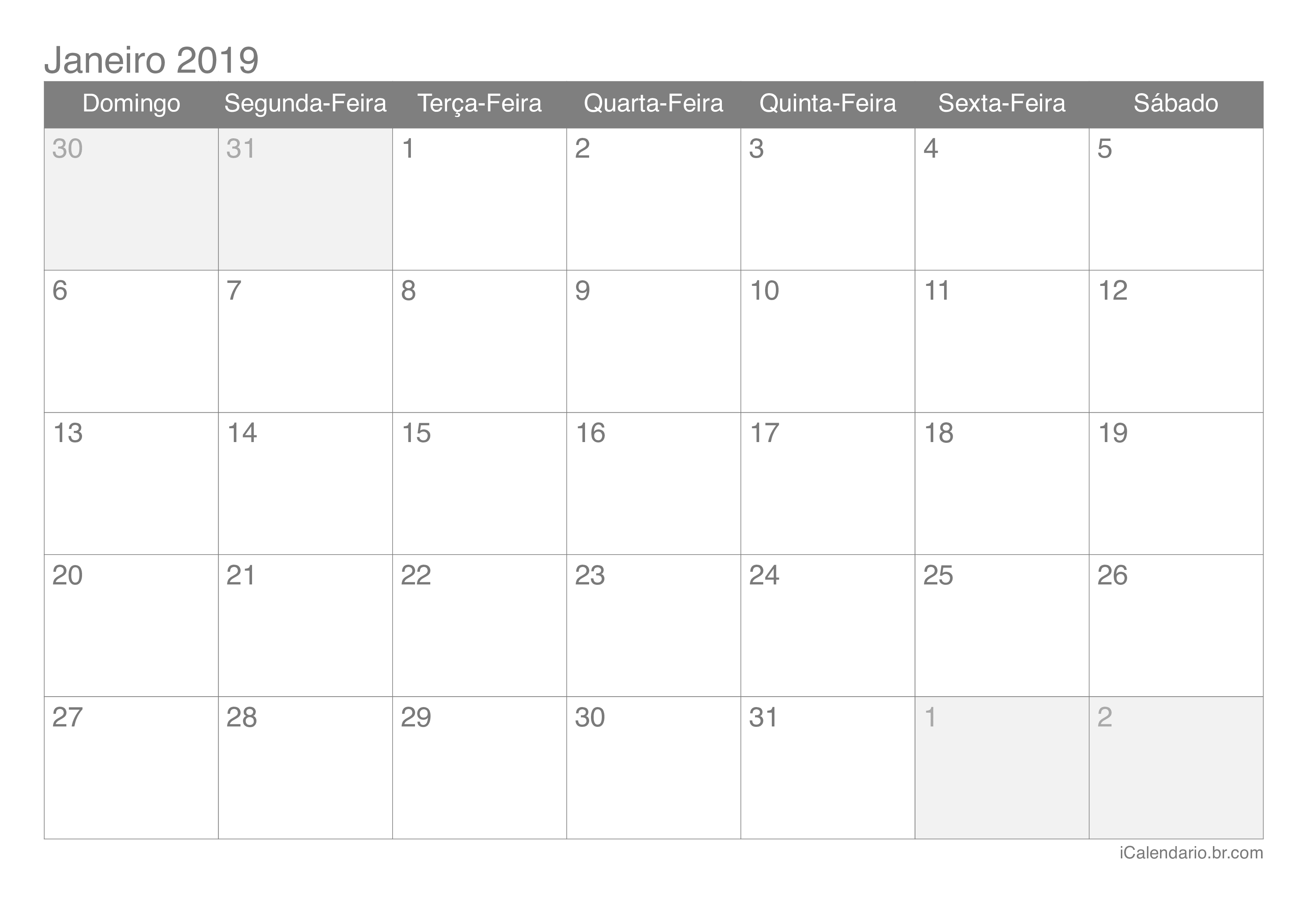 Calendário por mês 2019