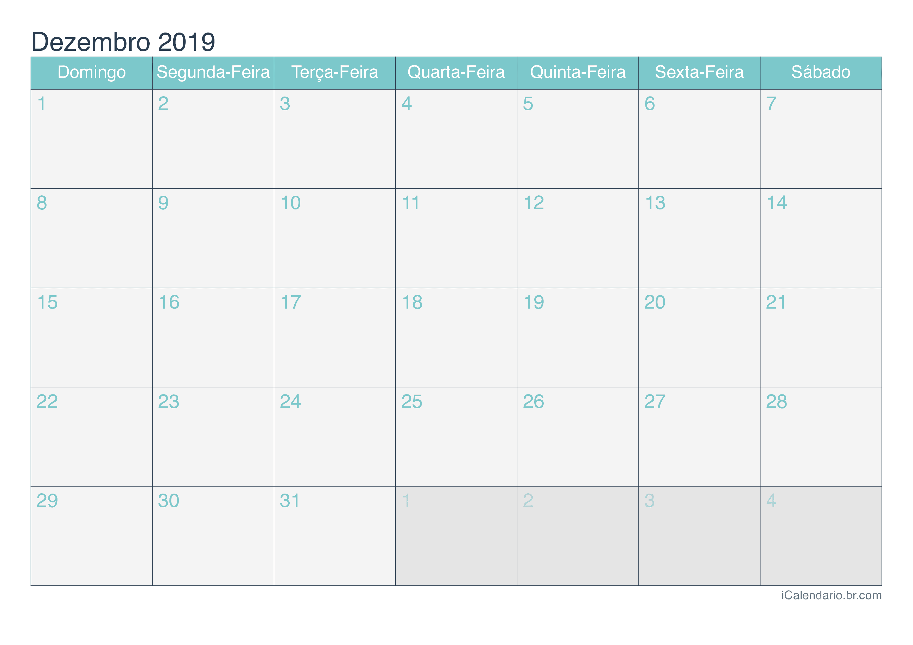 Calendário de dezembro 2019 - Turquesa