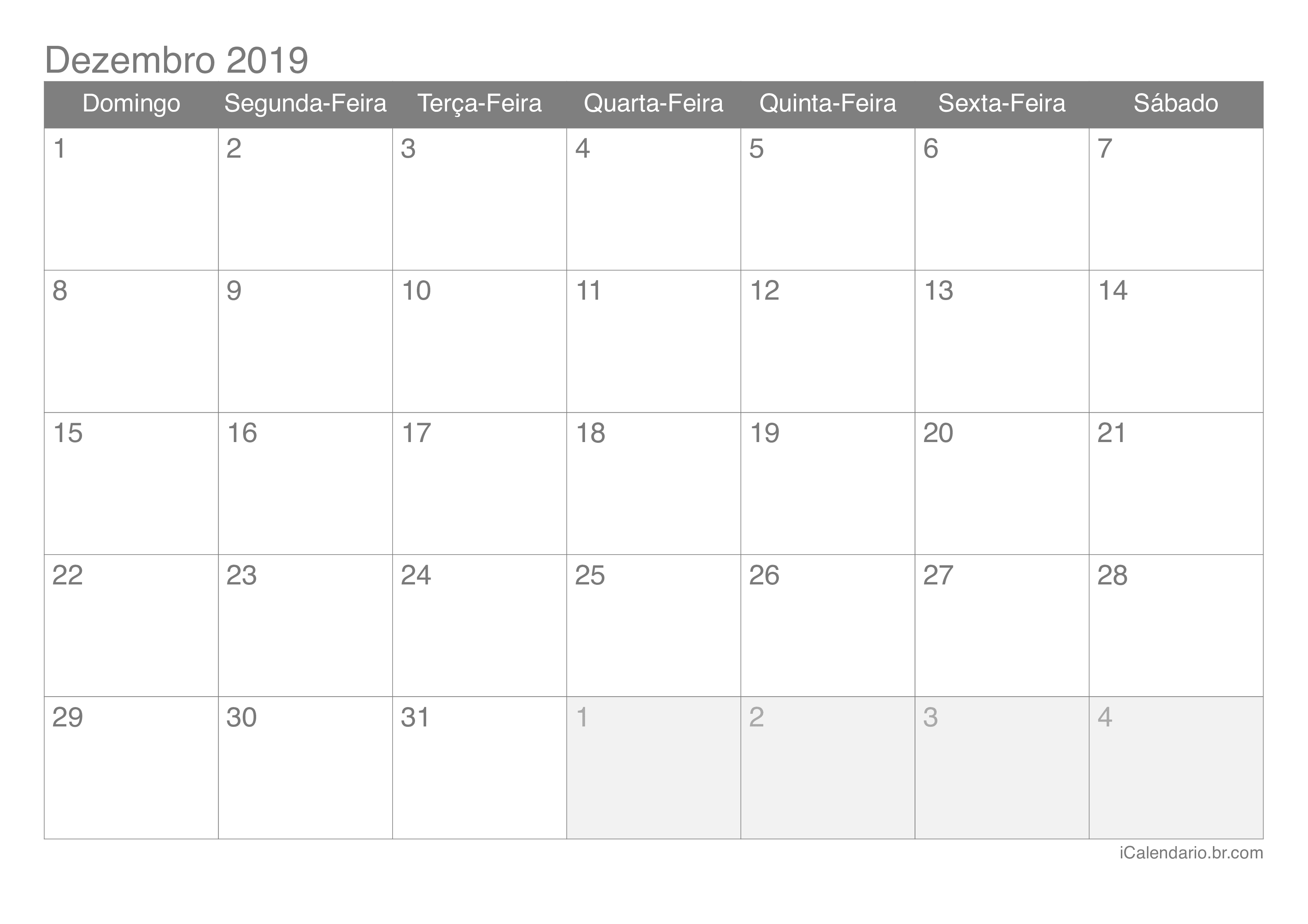 Calendário de dezembro 2019