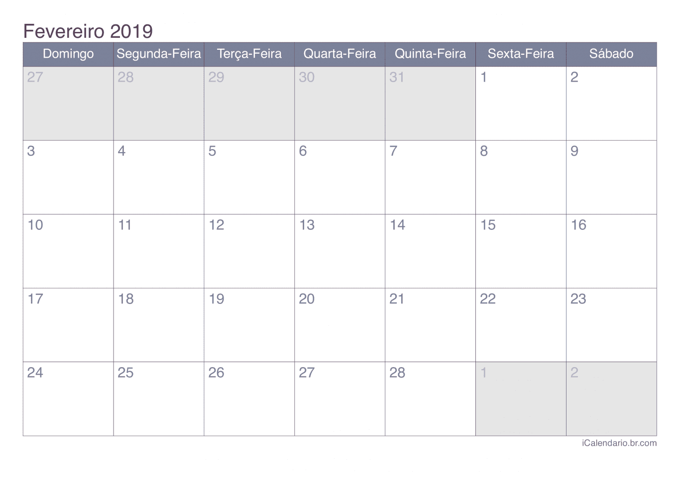 Calendário de fevereiro 2019 - Office