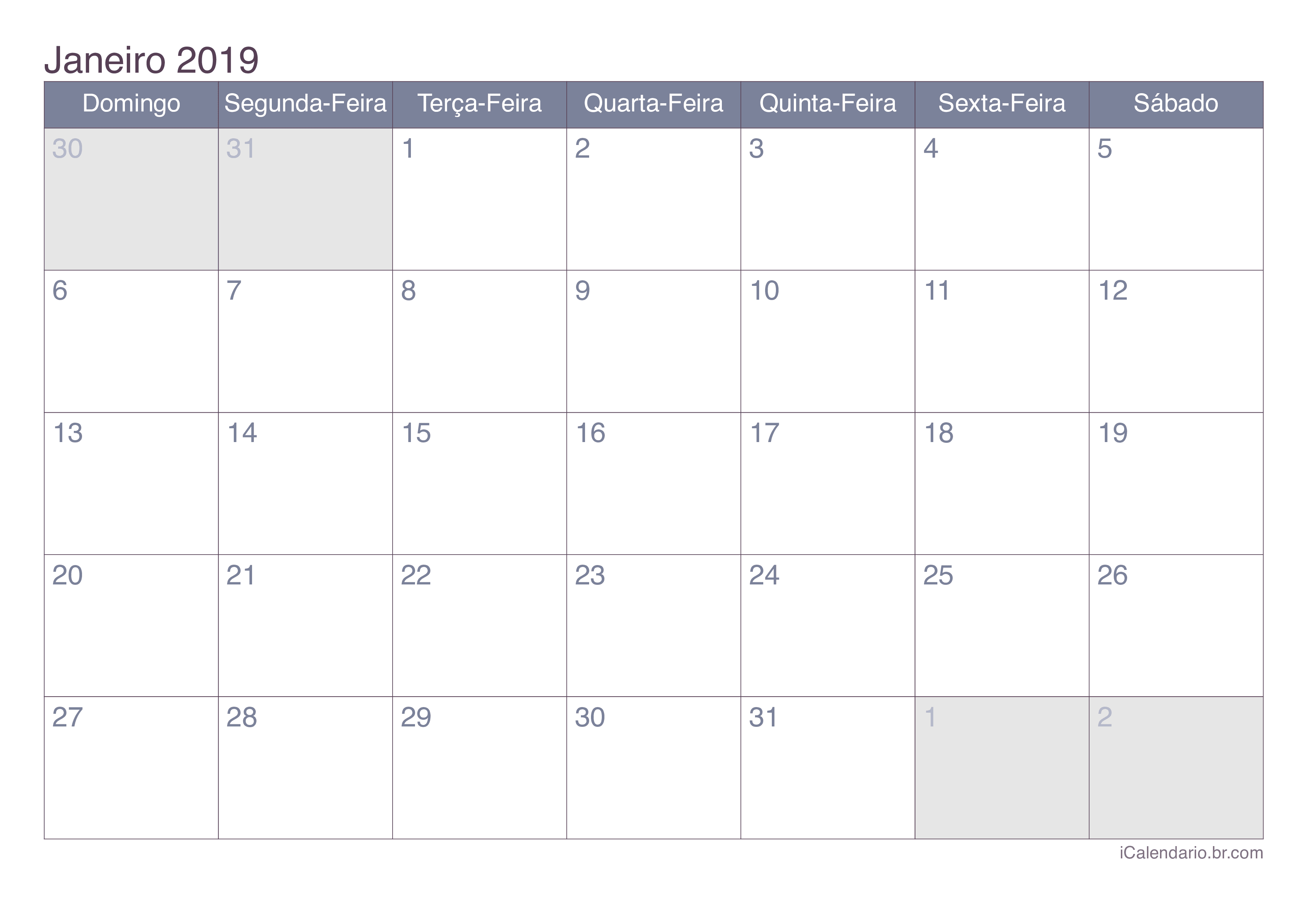 Calendário de janeiro 2019 - Office