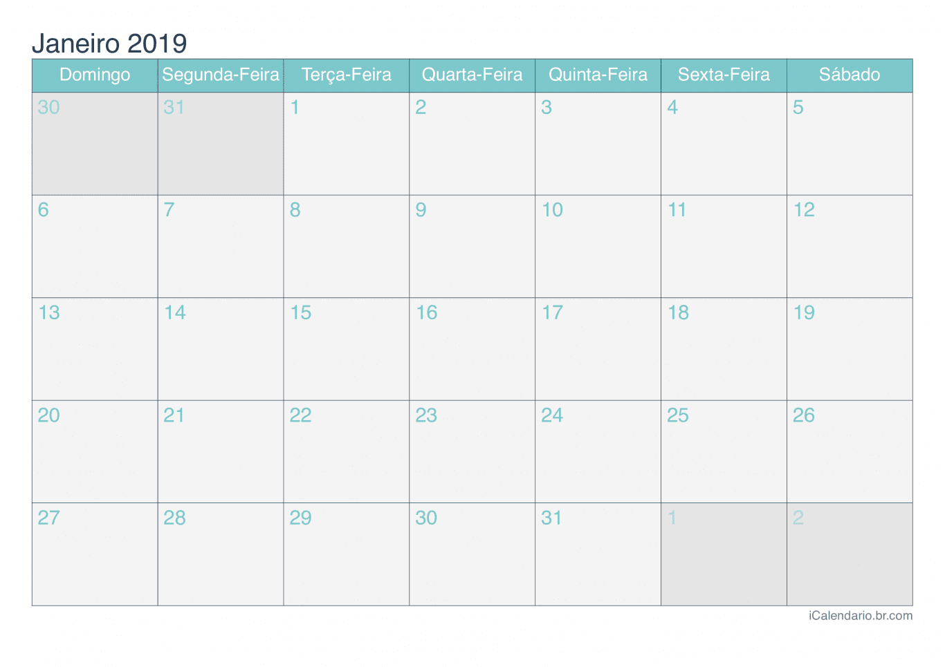 Calendário de janeiro 2019 - Turquesa
