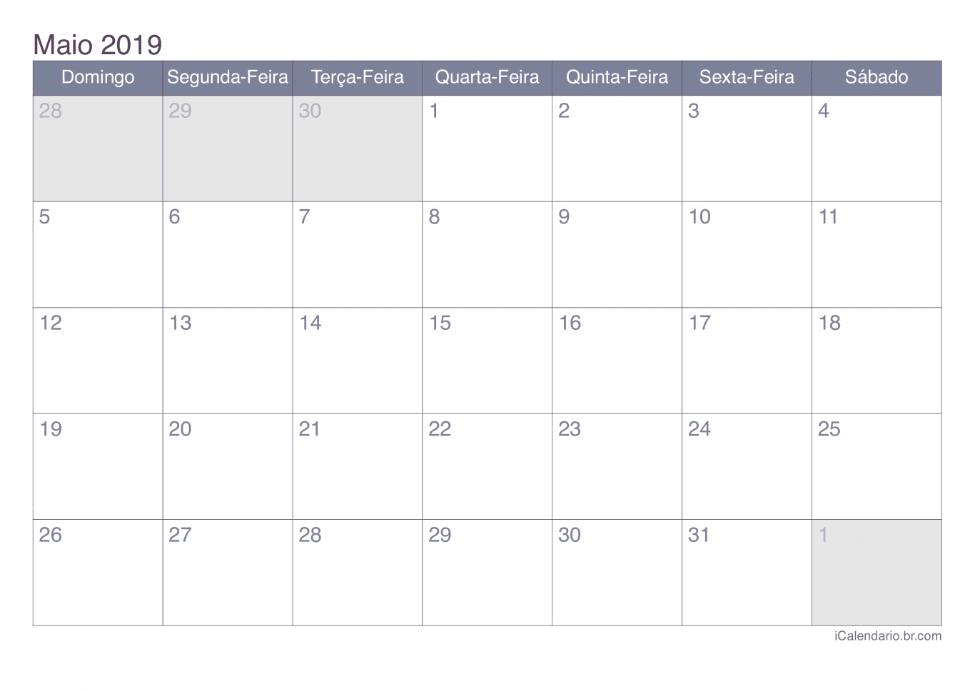 Calendário de maio 2019 - Office