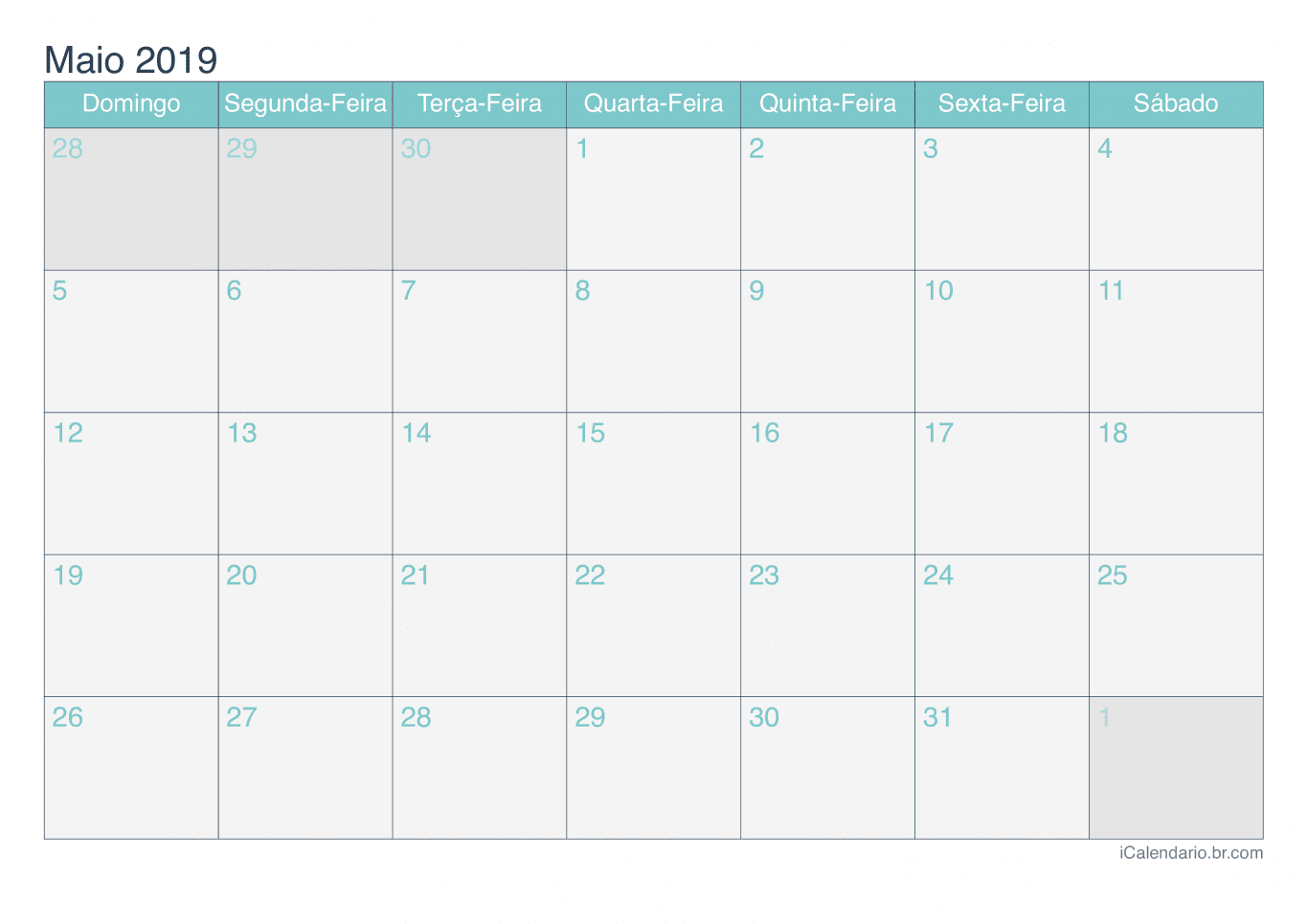 Calendário de maio 2019 - Turquesa