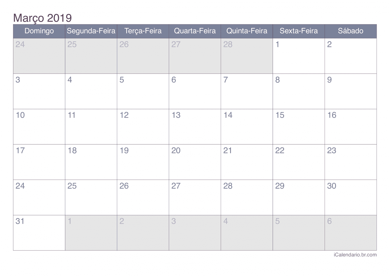 Calendário de março 2019 - Office