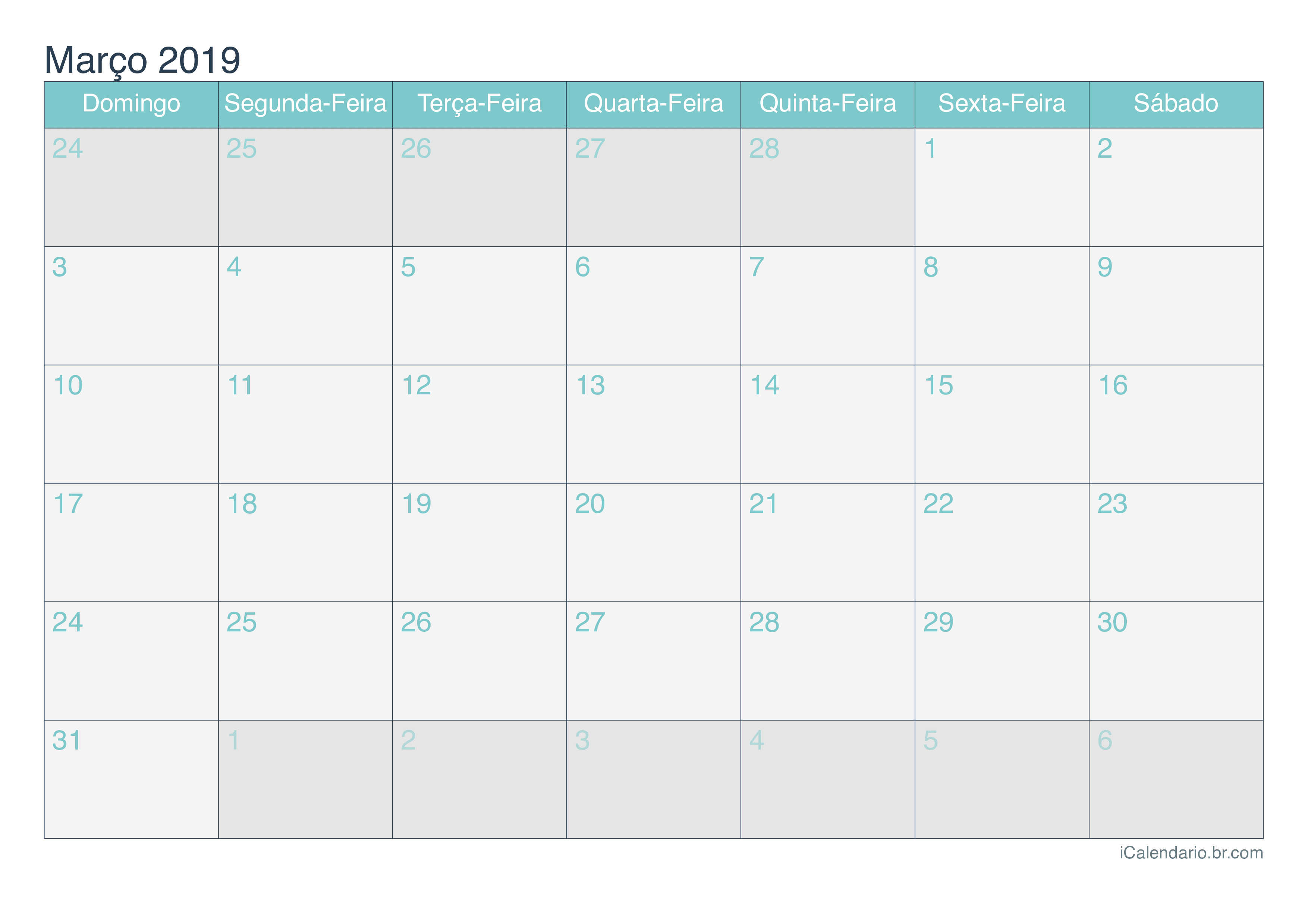 Calendário de março 2019 - Turquesa