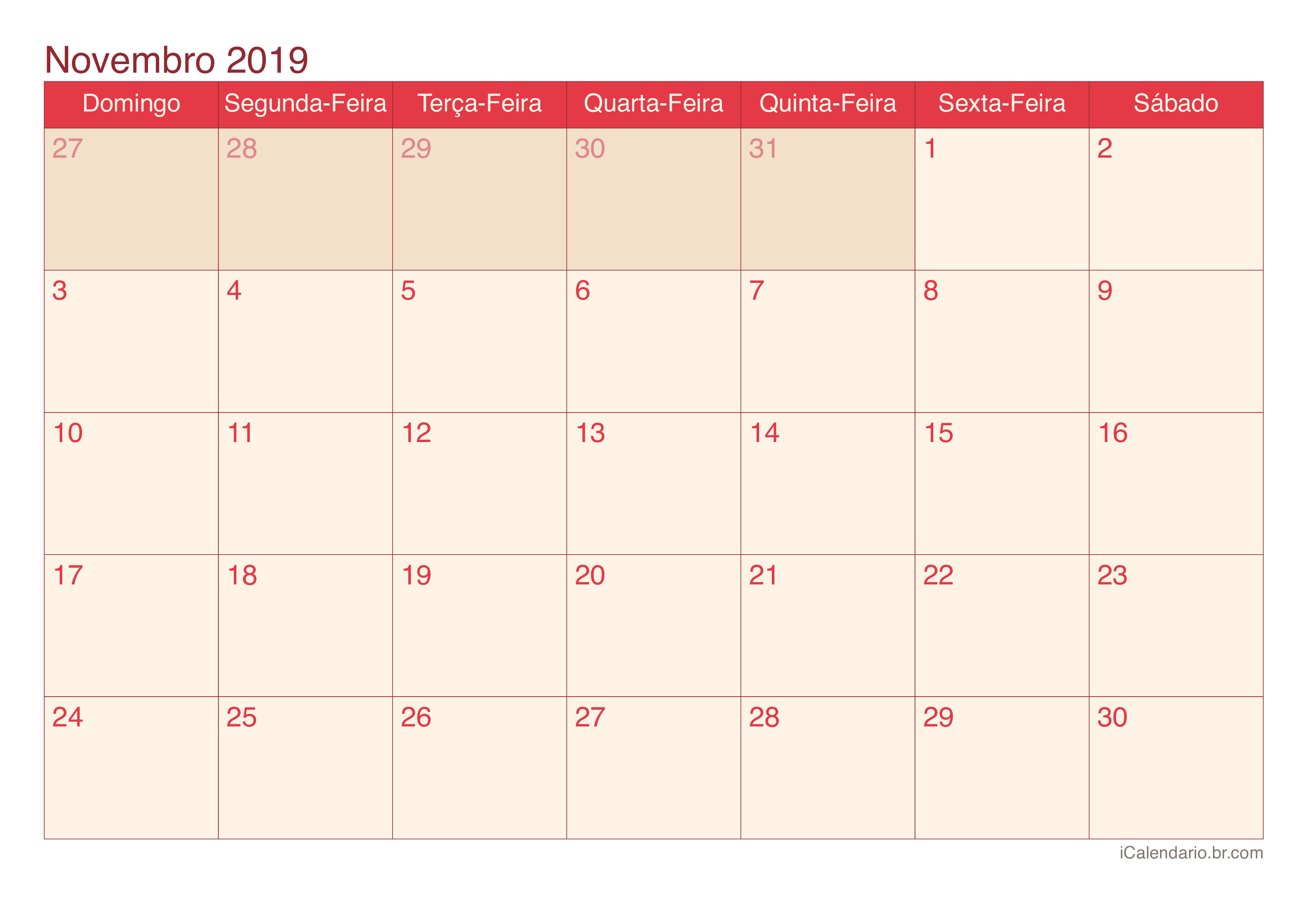 Calendário de novembro 2019 - Cherry