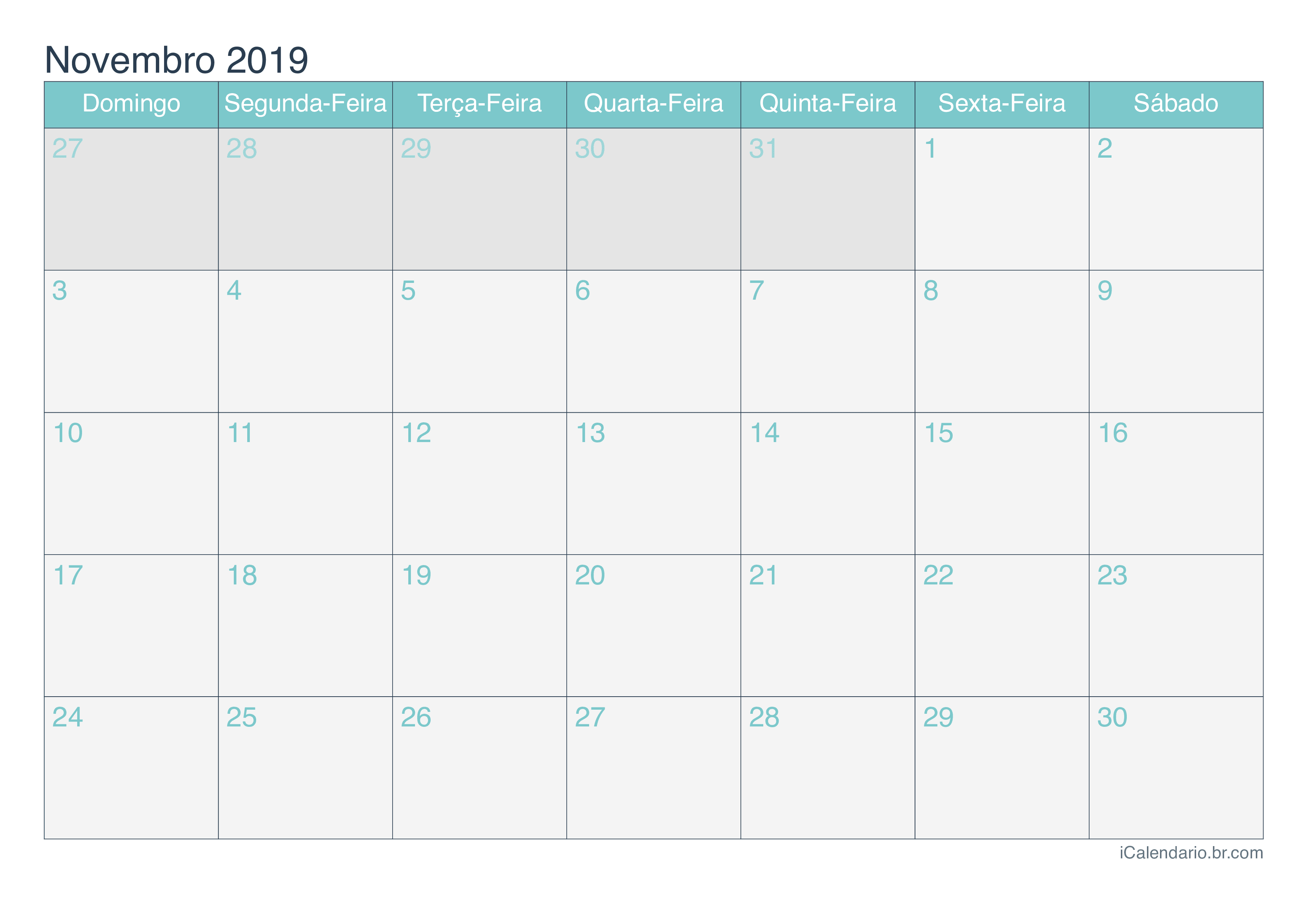 Calendário de novembro 2019 - Turquesa