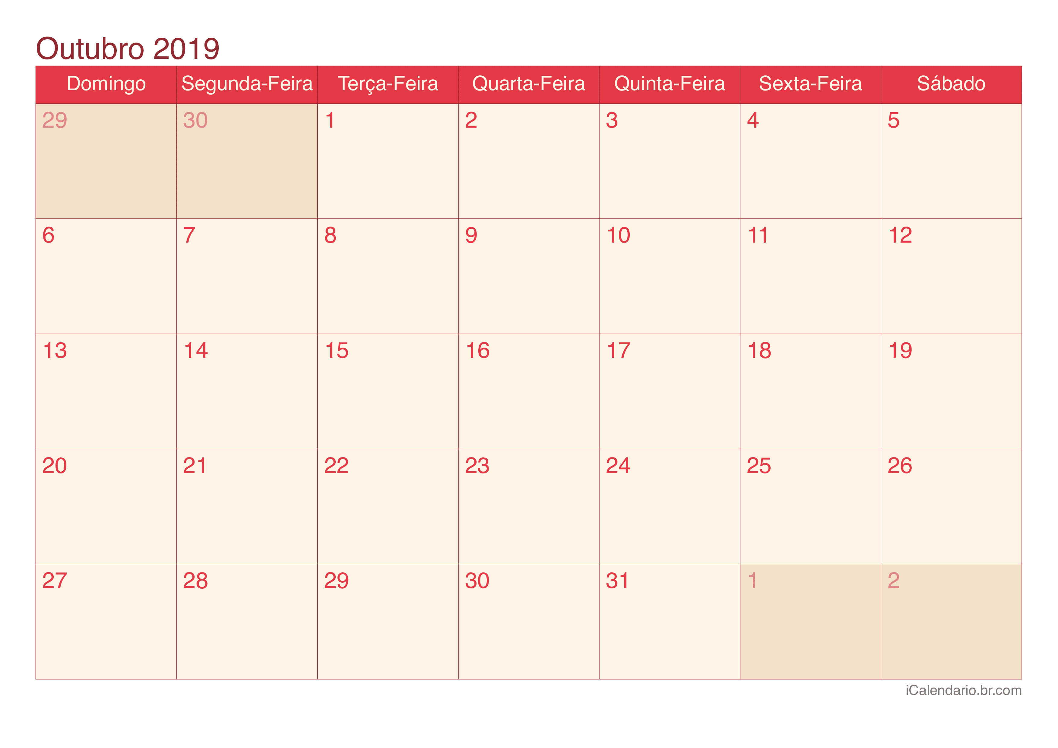 Calendário de outubro 2019 - Cherry