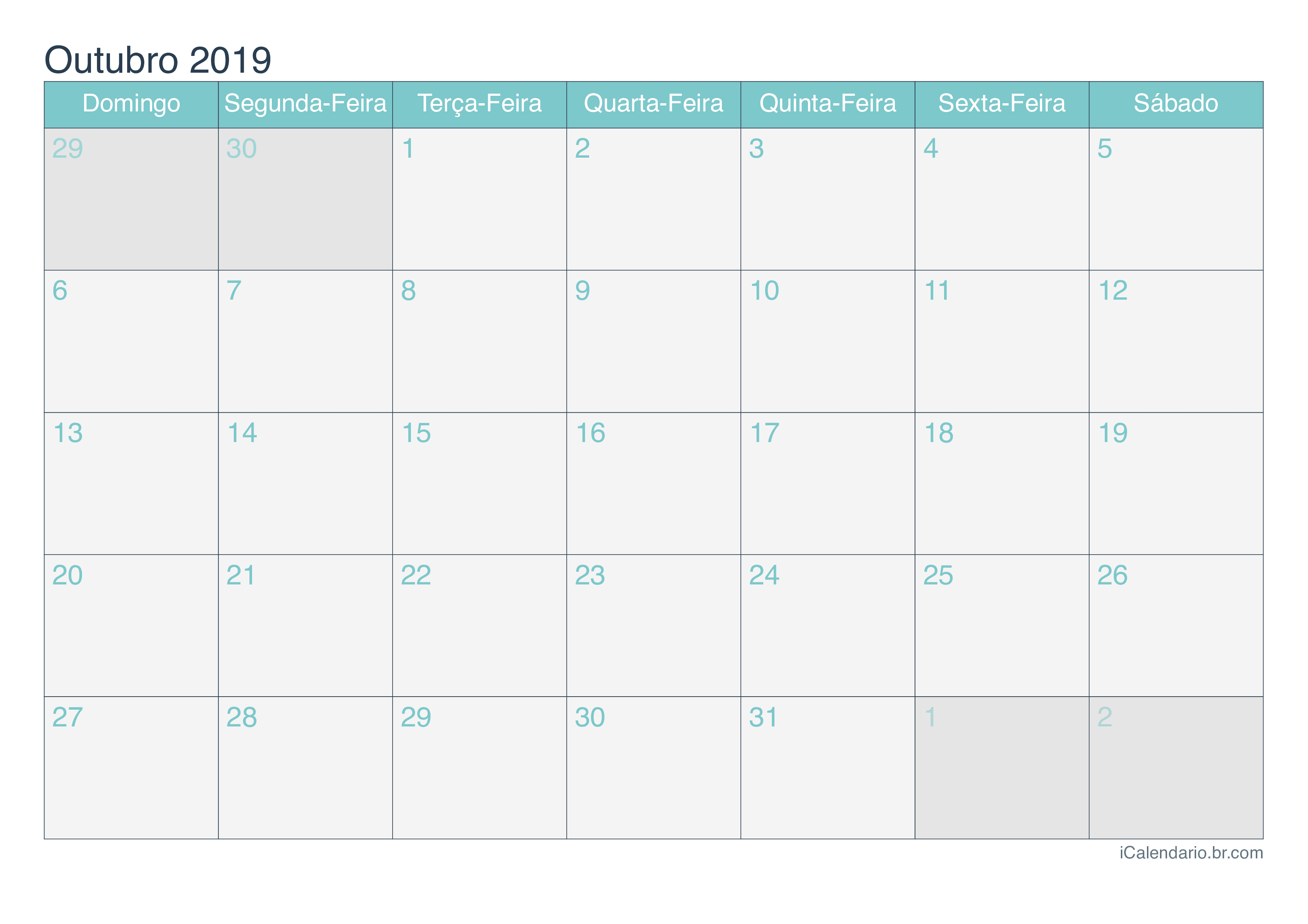 Calendário de outubro 2019 - Turquesa