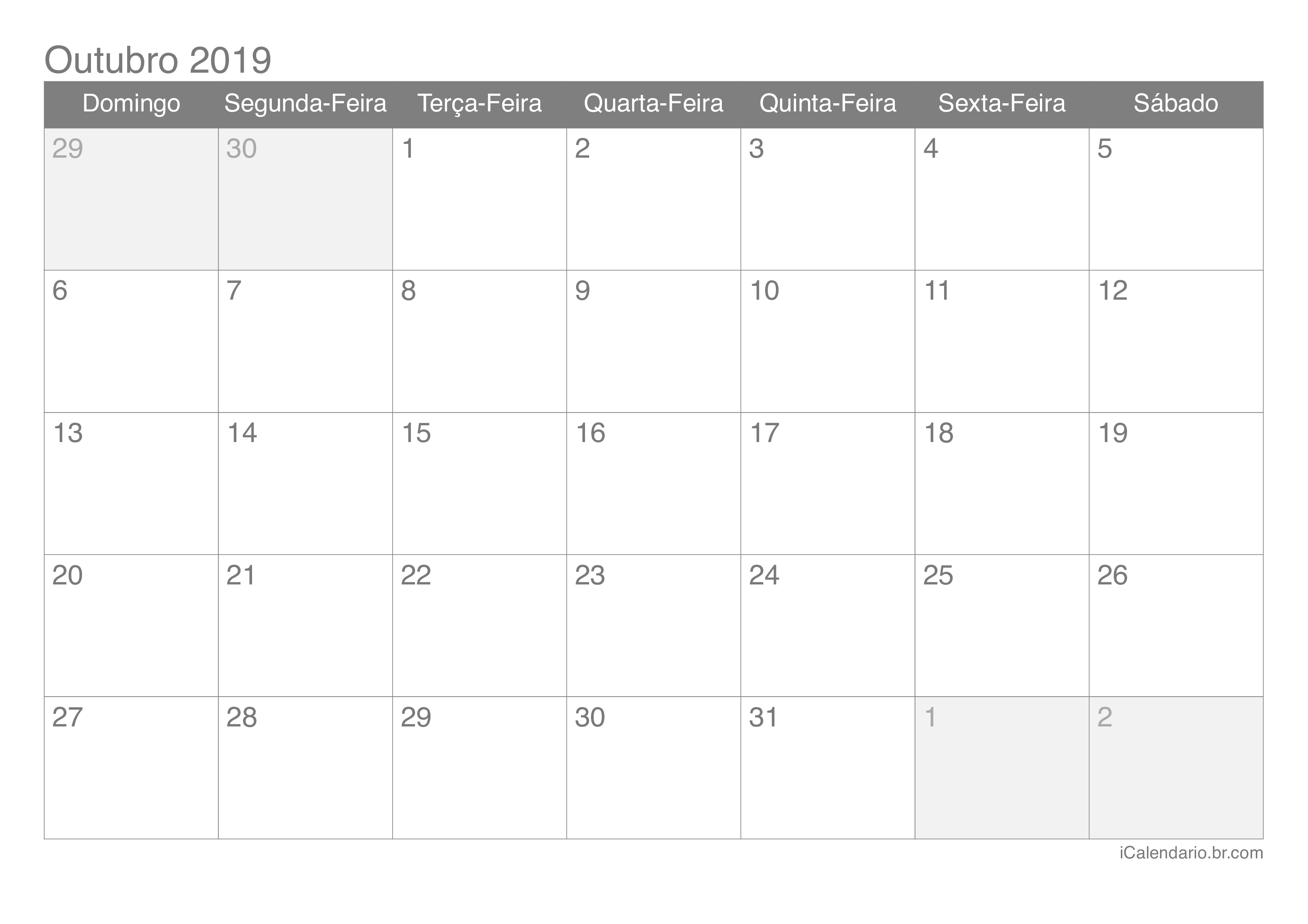 Calendário de outubro 2019