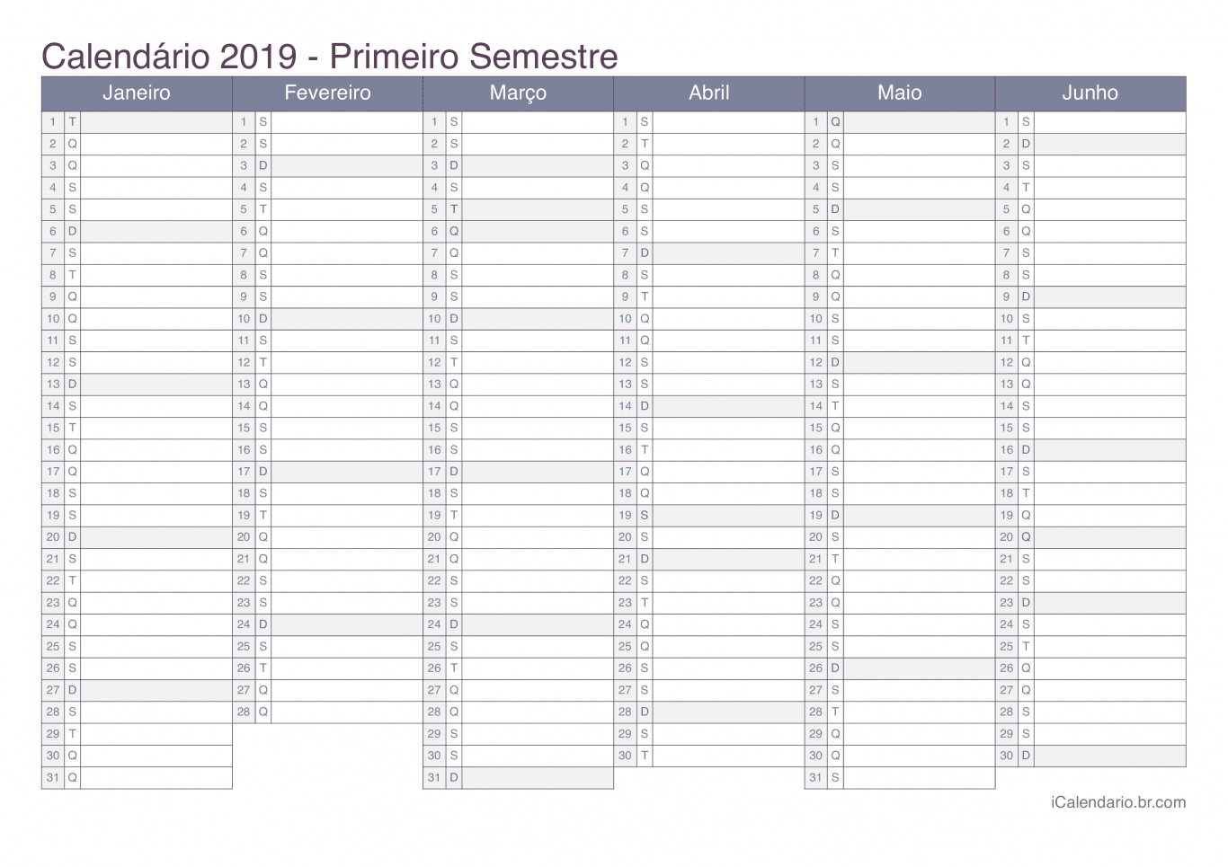 Calendário por semestre 2019 - Office