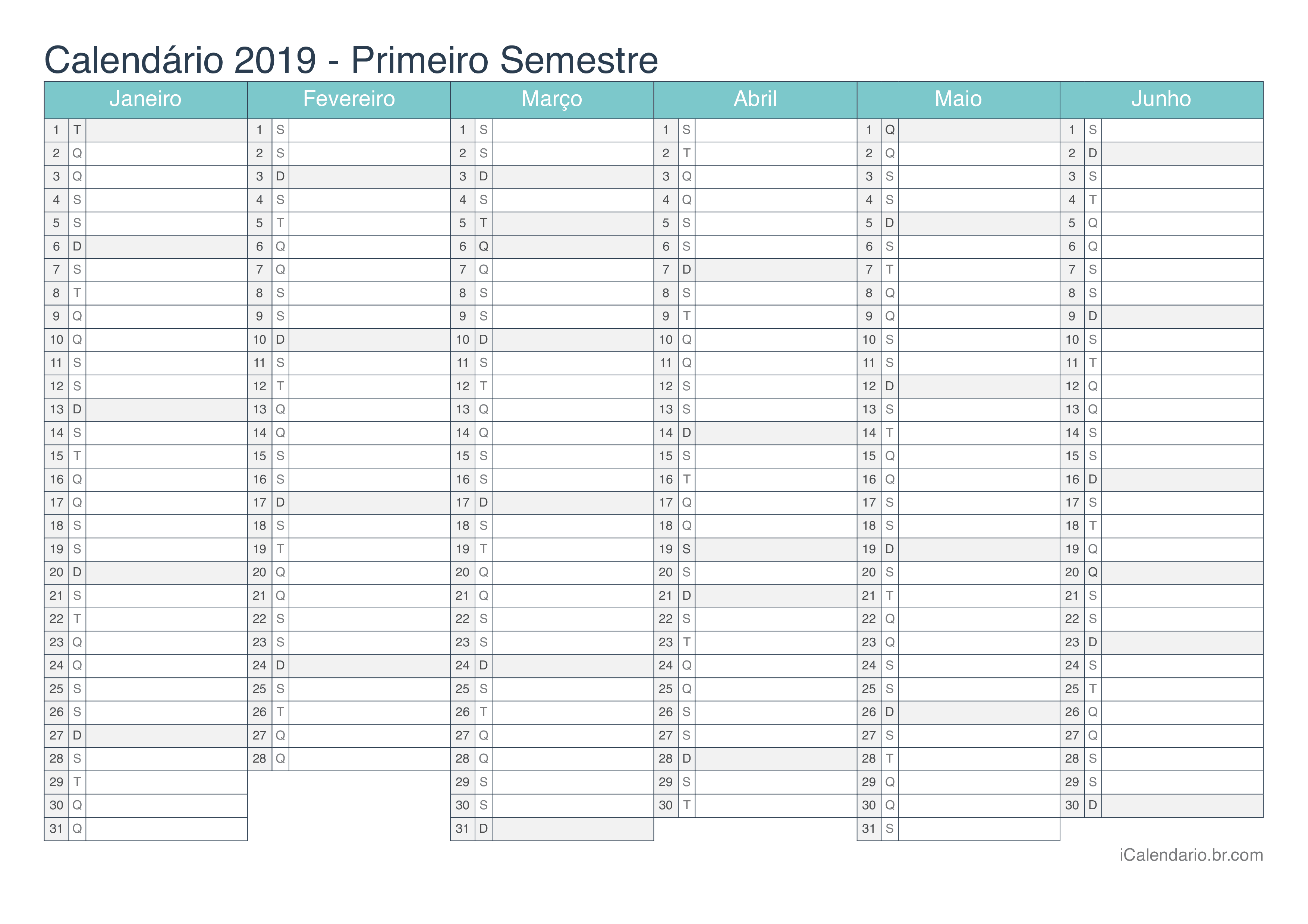 Calendário por semestre 2019 - Turquesa
