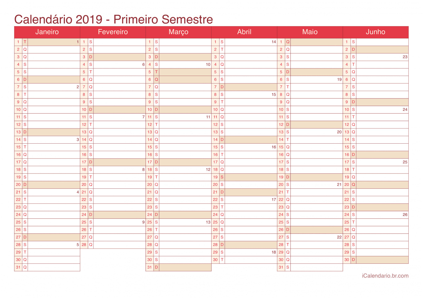 Calendário por semestre com números da semana 2019 - Cherry