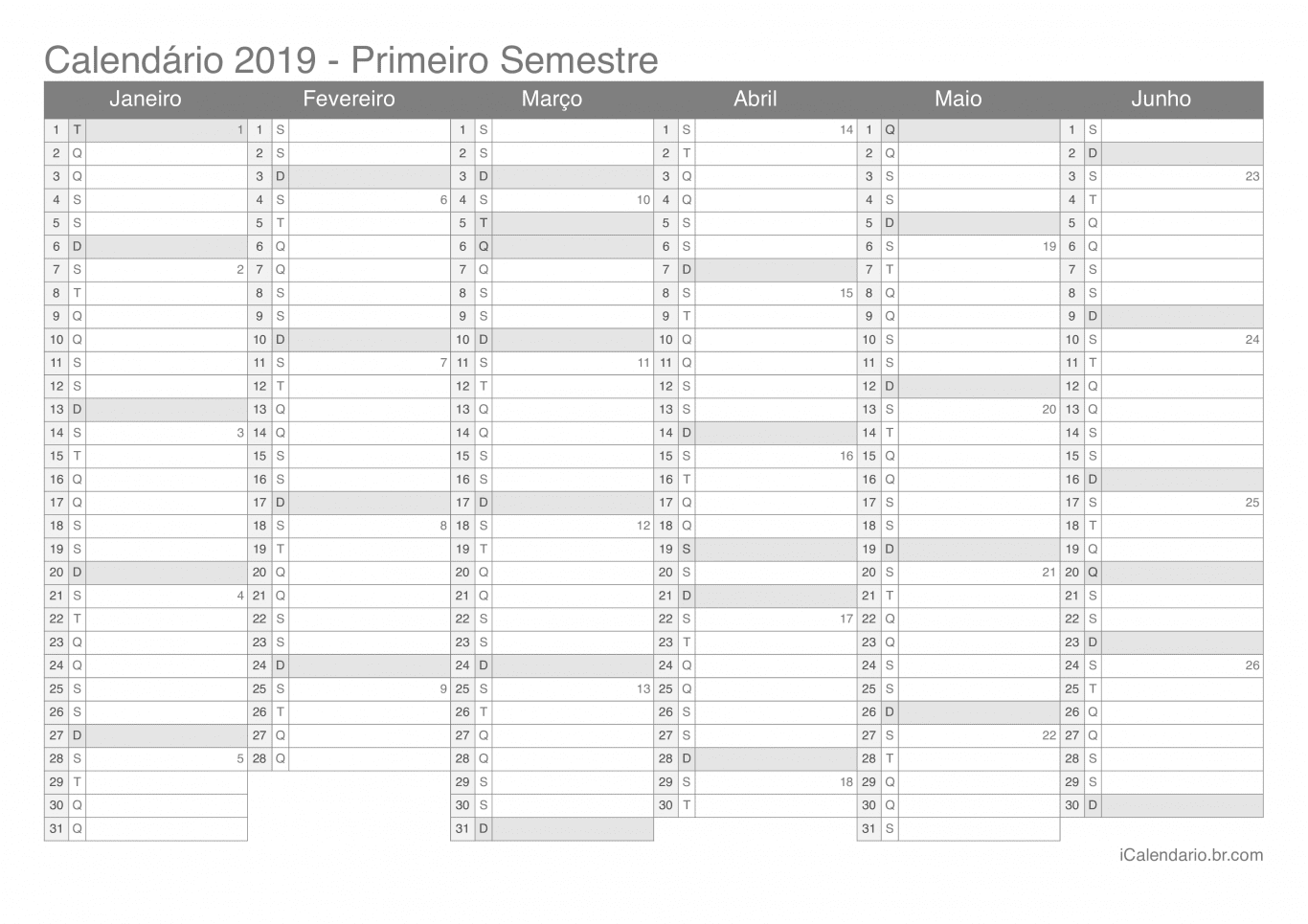 Calendário por semestre com números da semana 2019