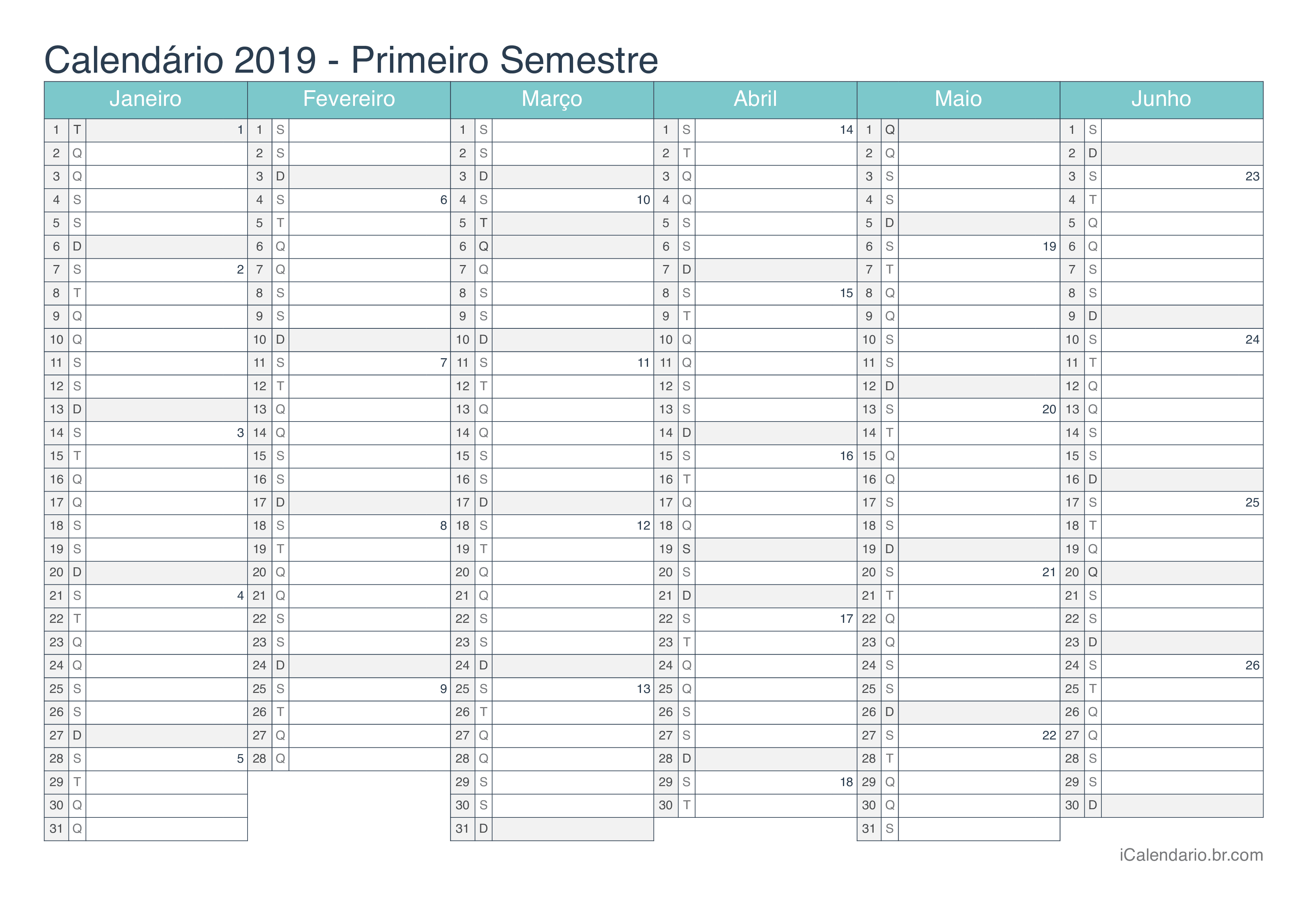 Calendário por semestre com números da semana 2019 - Turquesa
