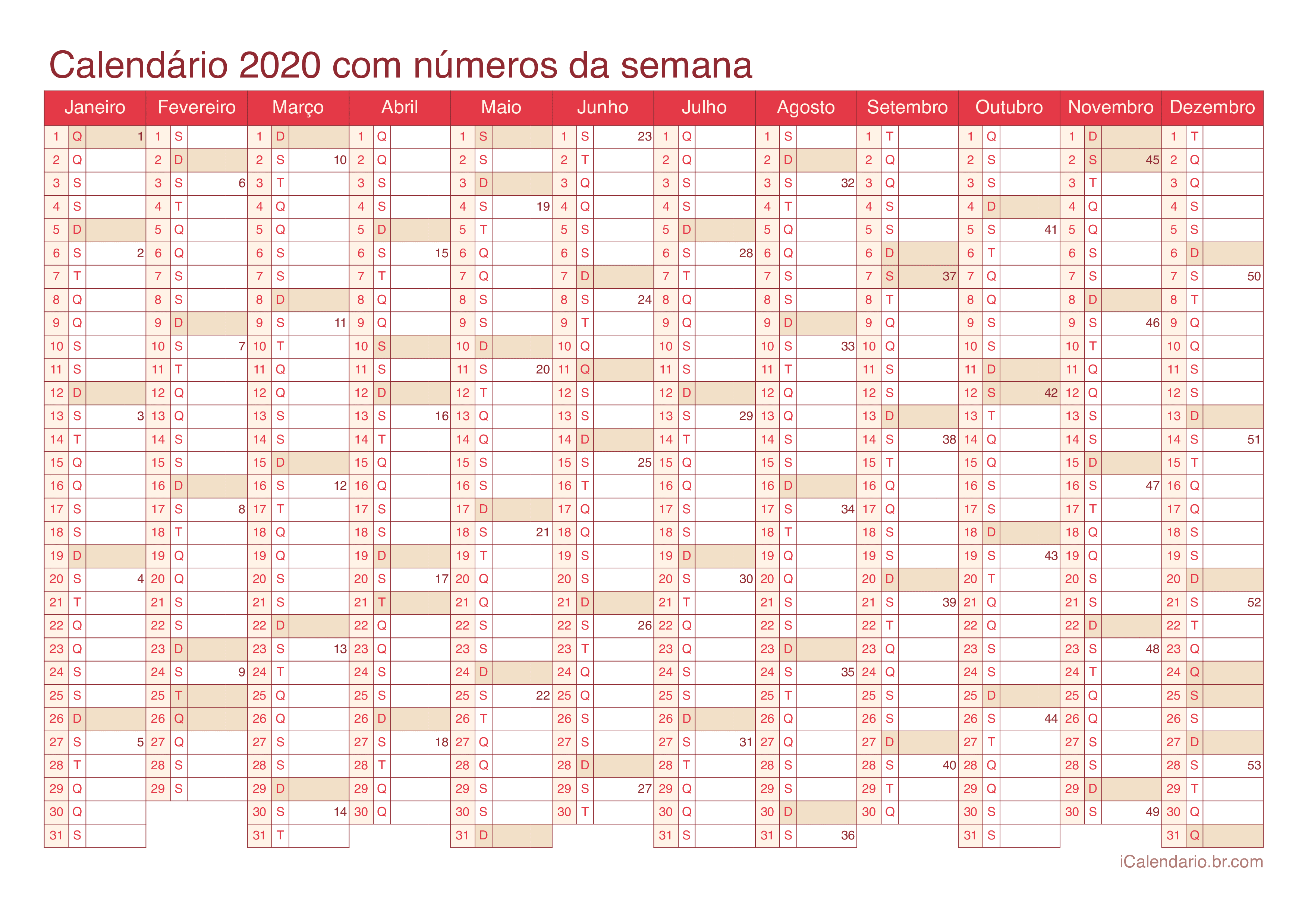 Calendário 2020 com números da semana - Cherry