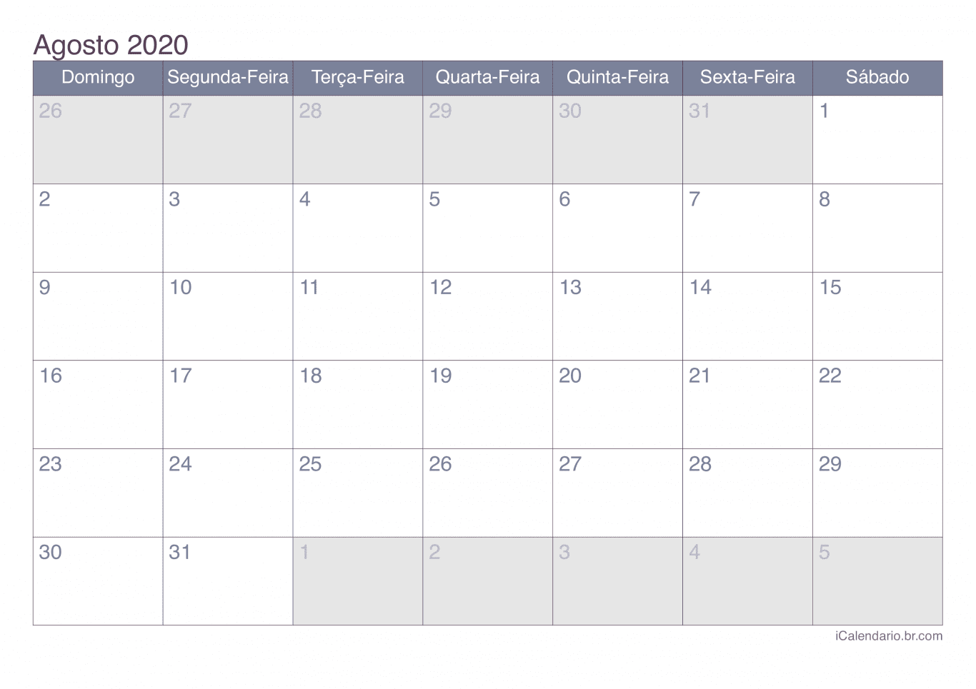 Calendário de agosto 2020 - Office
