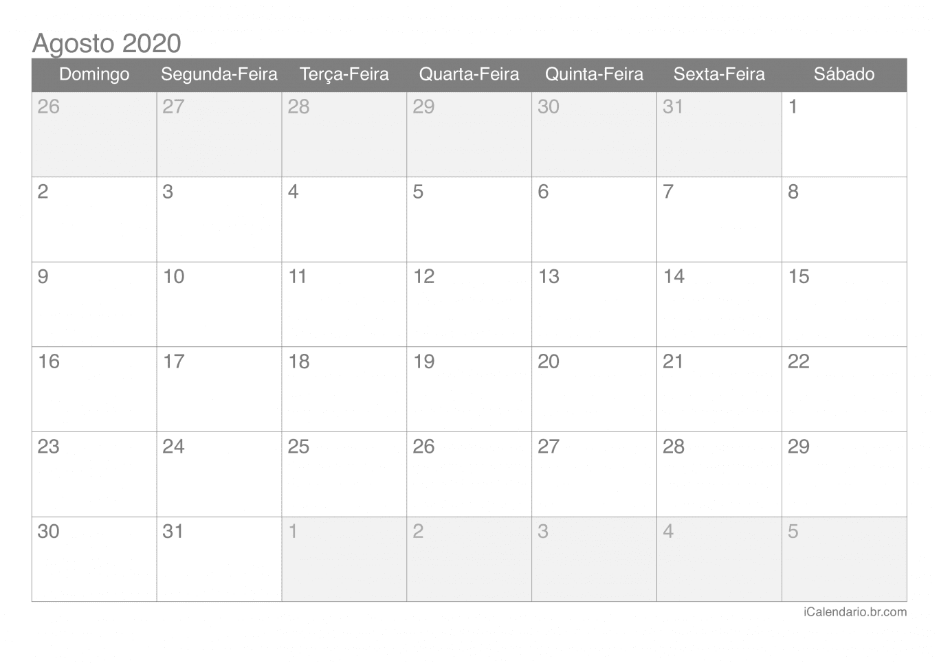 Calendário de agosto 2020