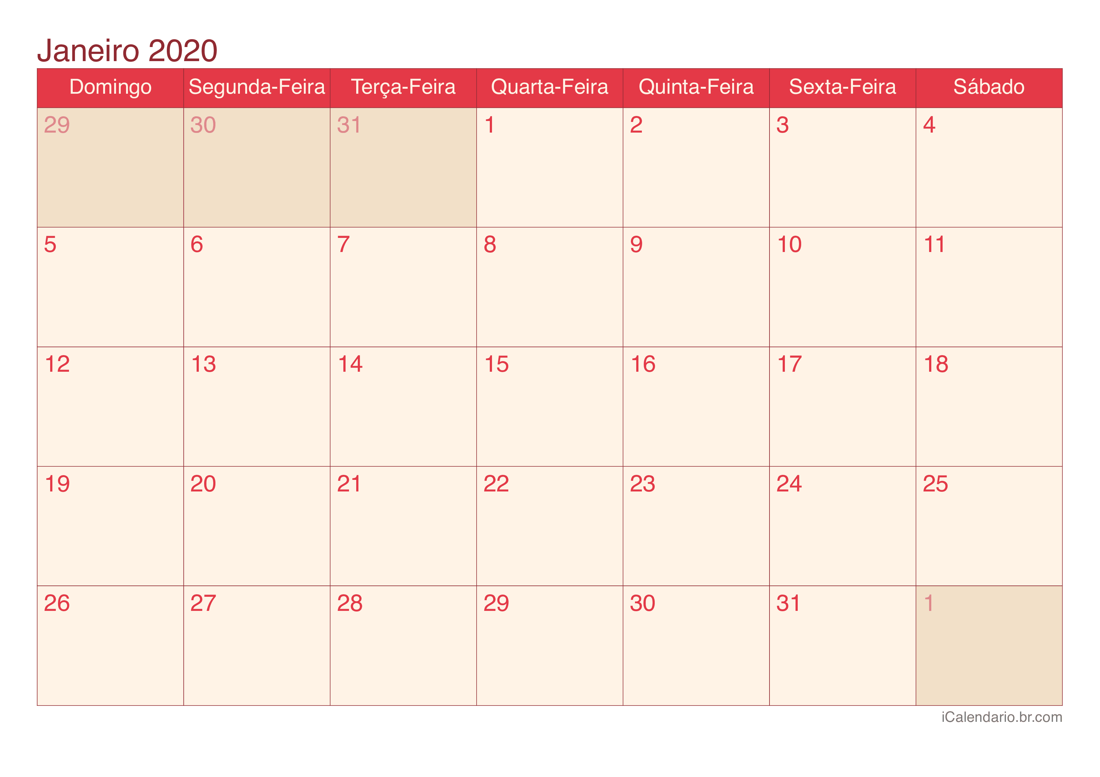 Calendário por mês 2020 - Cherry