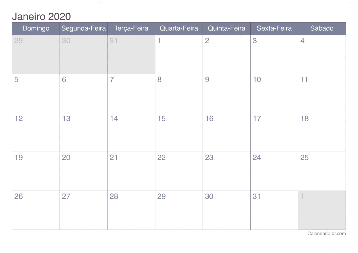 Calendário por mês 2020 - Office