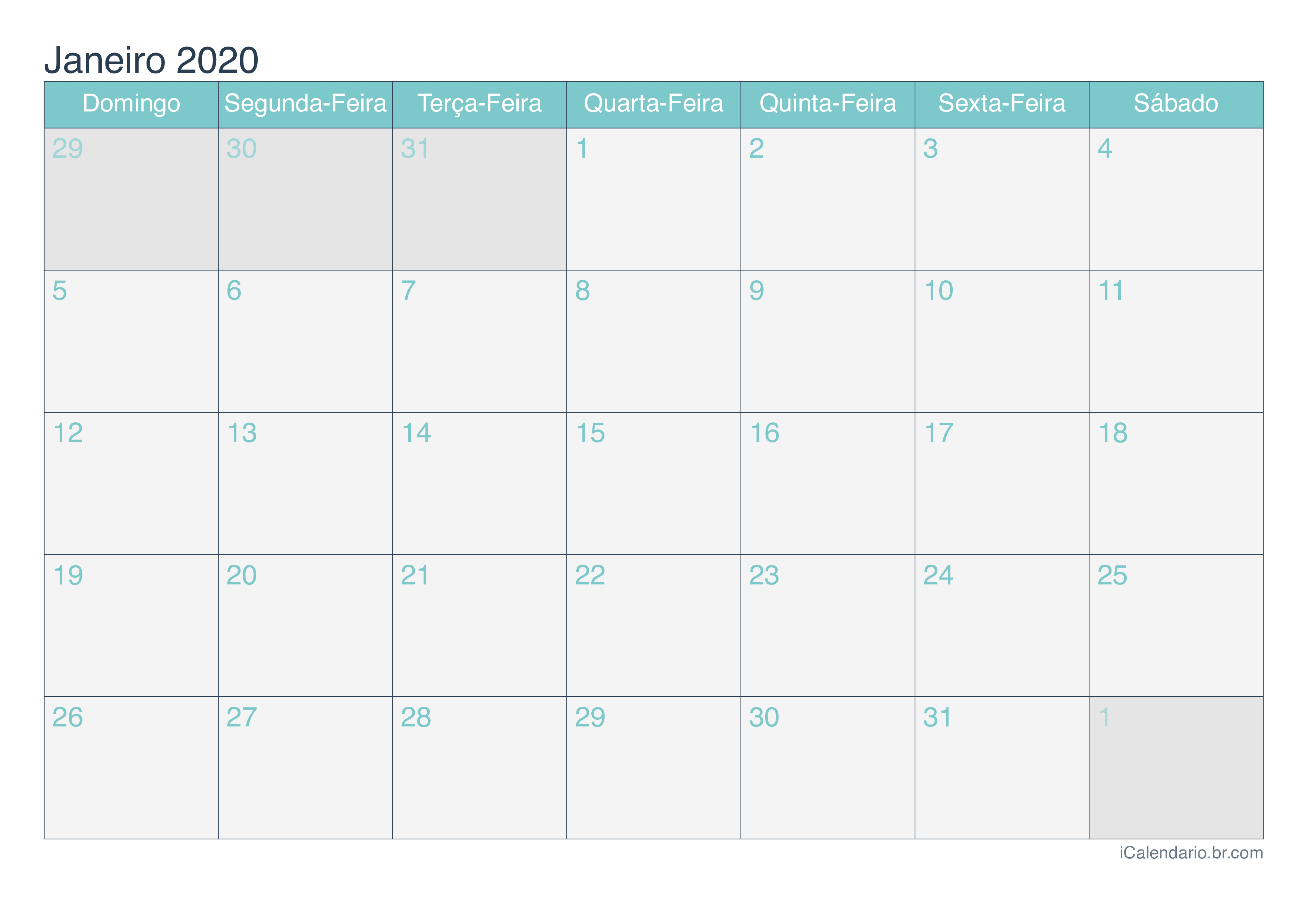 Calendário por mês 2020 - Turquesa