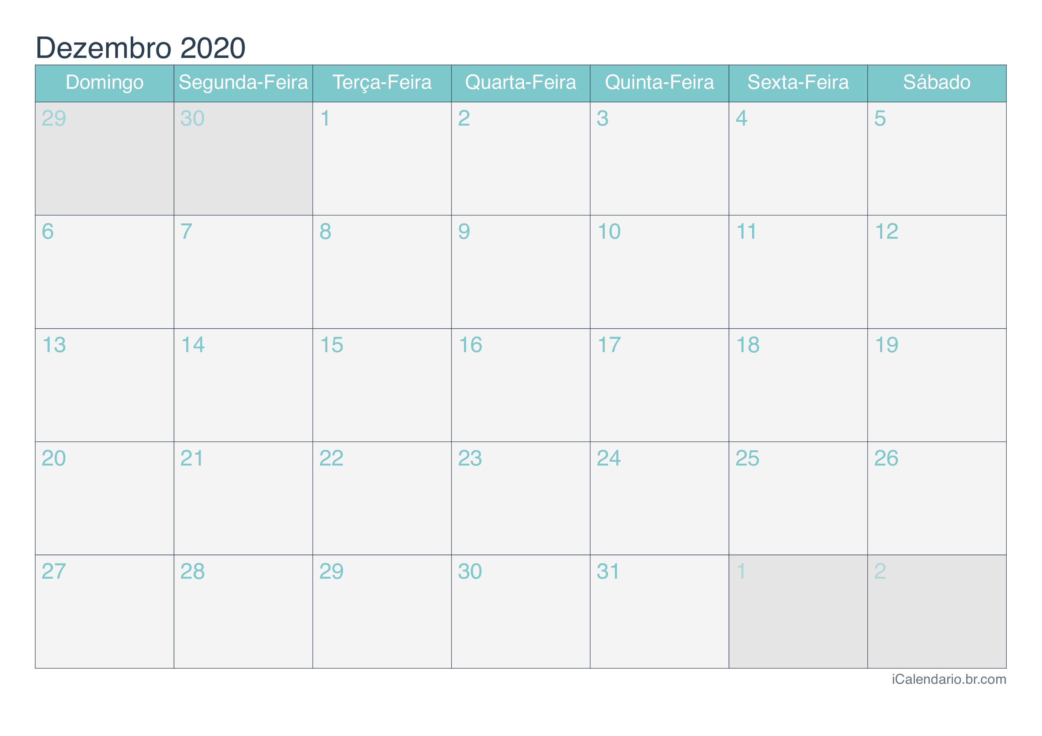 Calendário de dezembro 2020 - Turquesa