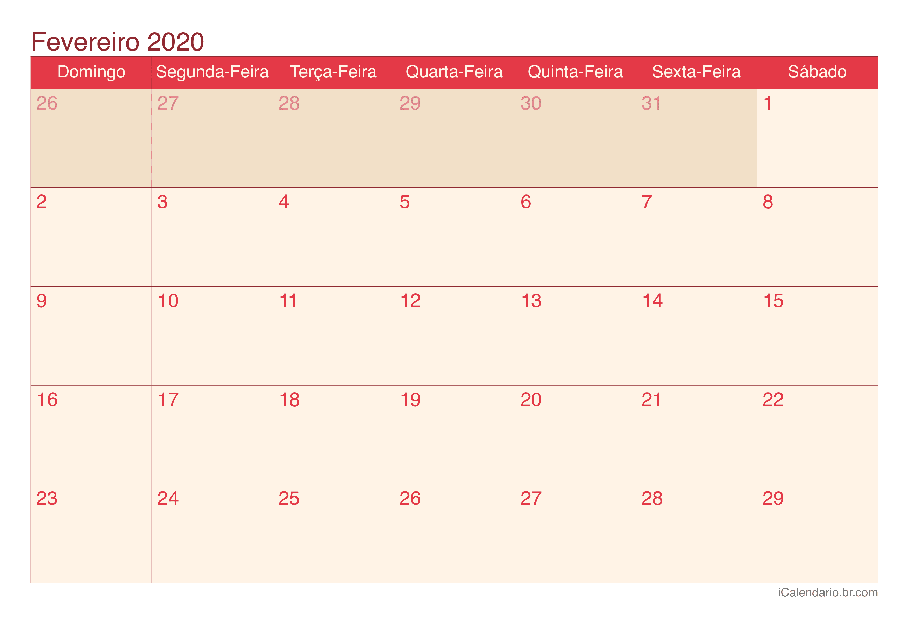 Calendário de fevereiro 2020 - Cherry